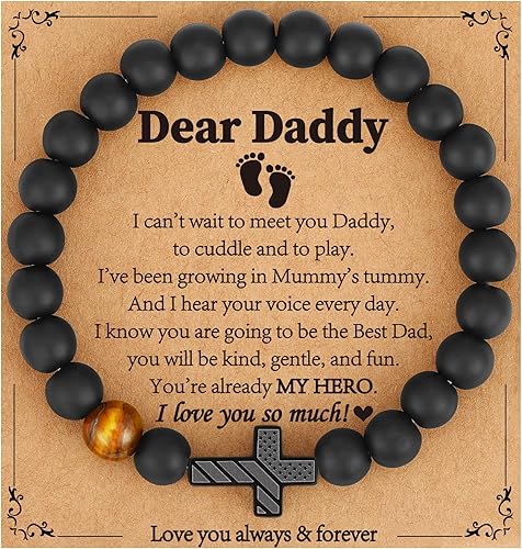 Gifts for Dad New Dad Stepdad Husband, American Flag Cross Beads Bracelet Jewelry Gifts for Father Men from Daughter Son Wife