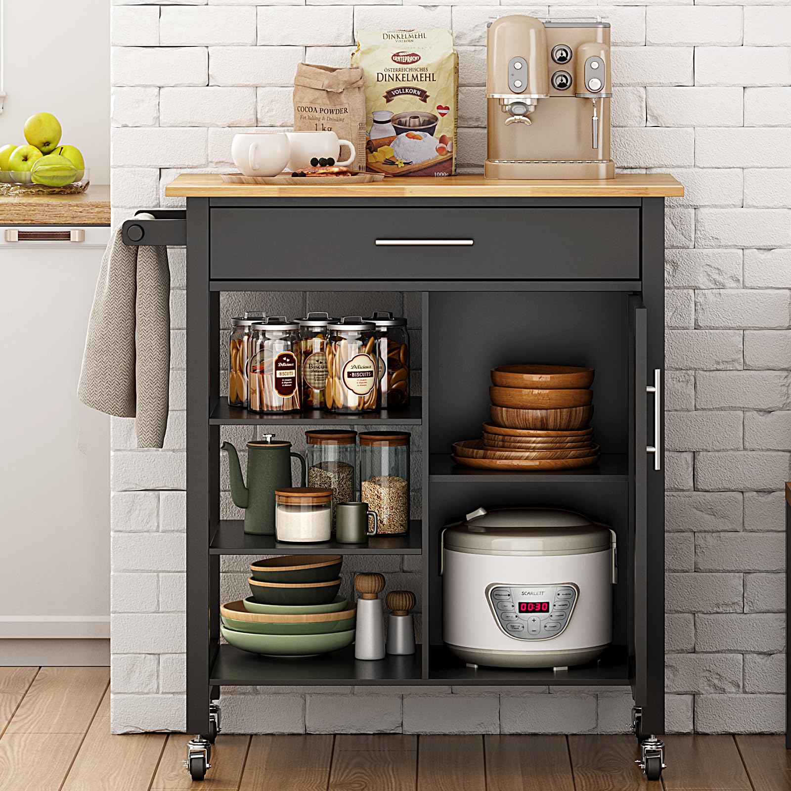 Carrello Da Cucina A 3 Ripiani Con Ruote - Mobiletto Multiuso In Plastica E Metallo, Nero, Dimensioni 39x22,5x58,5 Cm