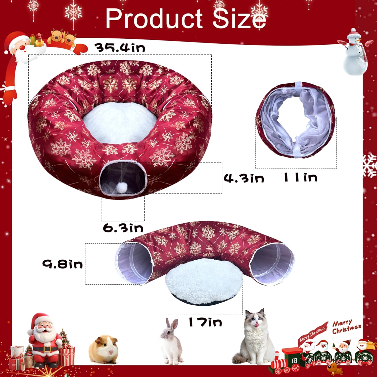 LUCKITTY Plush Snowflake Pattern Cat Tunnel Bed Under Christmas Tree with Premium Gold Foil & Hanging Plush Ball, 10-Inch Diameter 3-Ft Wide Round - Divert Cats from Decor Red Color