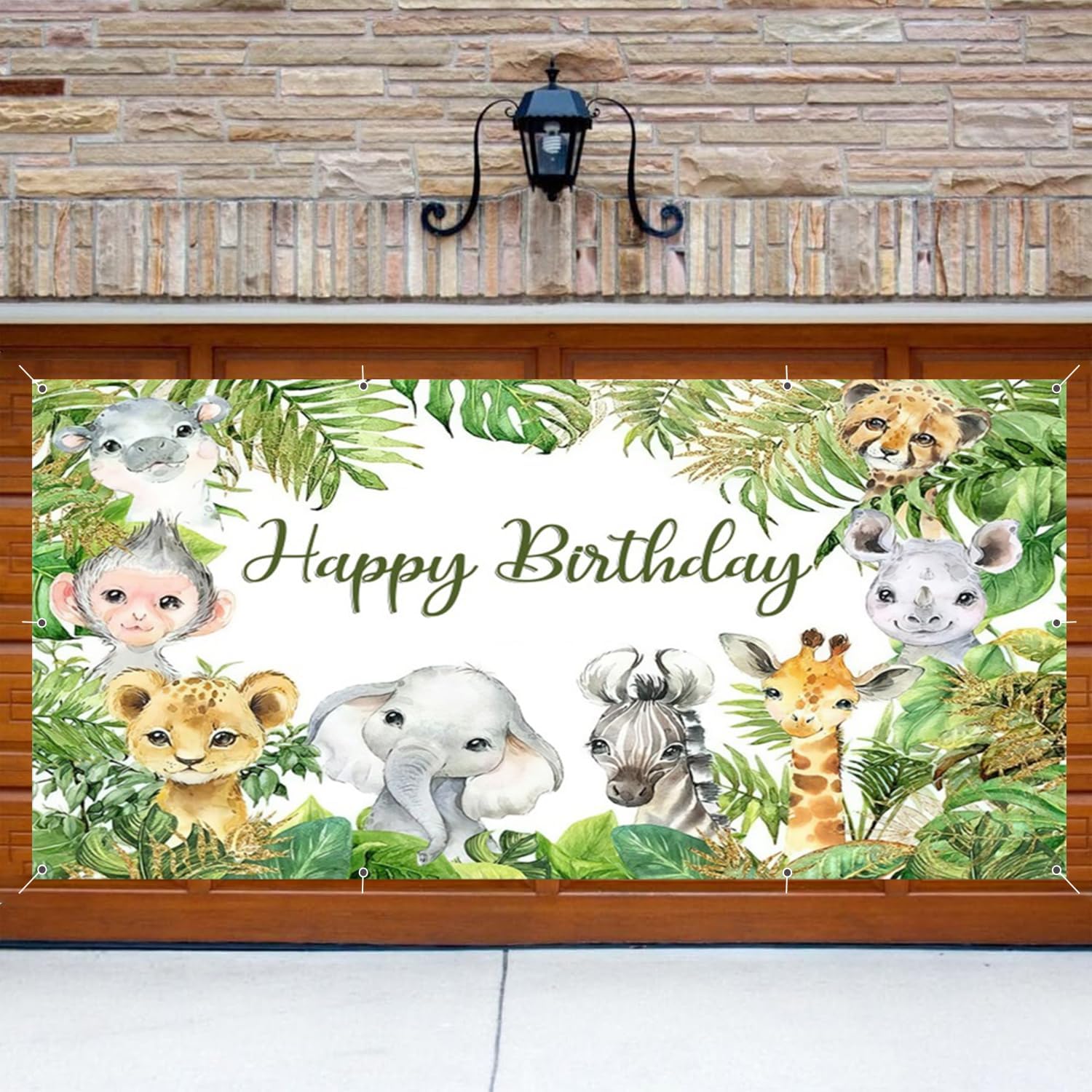 Jungle Animal Happy Birthday Garage Door Cover Banner Decorations Backdrop 7x16ft Large Safari Tropical Palm Leaves Garage Door Banner Decorations Kids Birthday Party Outdoor Garage Door Backdrop