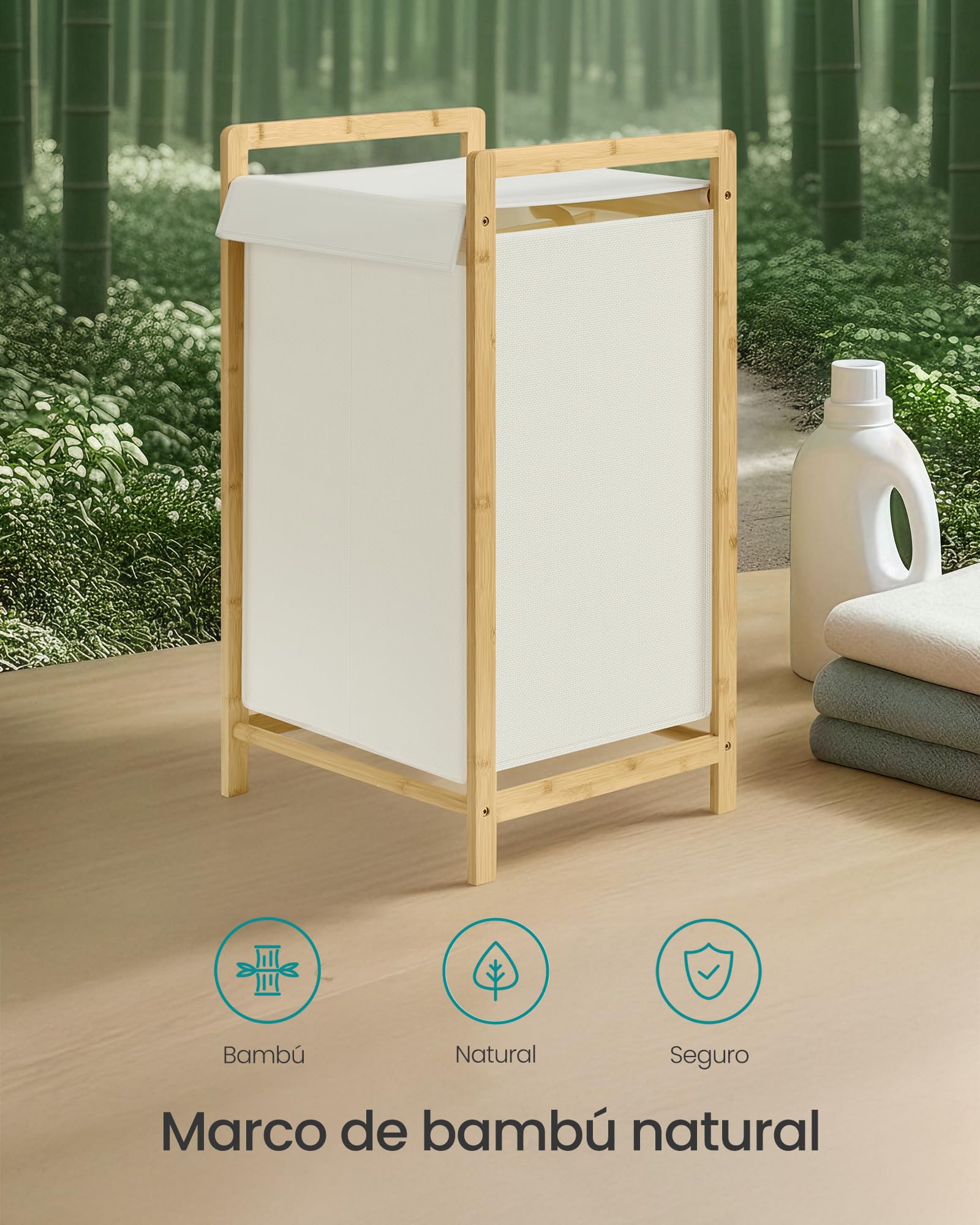 SONGMICS Cesto para Ropa Sucia de 2 Compartimentos, Marco de Bambú, Tapa Reforzada y Extraíble, Bolsa Interior Desmontable, 100 L, Blanco Crema RLH102WD01