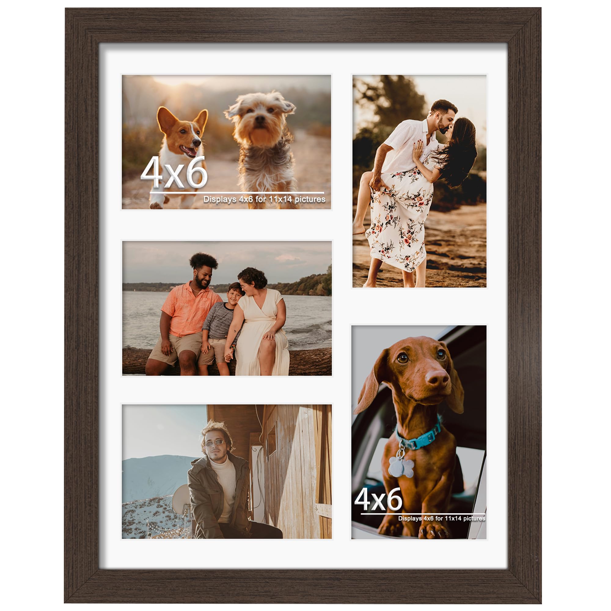 DUENPY 11x14 Collage Picture Frame, 4x6 Collage Picture Frame, Displays Five 4x6 inch Photos, or 11x14 (Without Mat) Wall Decor Wall Hanging or Tabletop, Walnut.