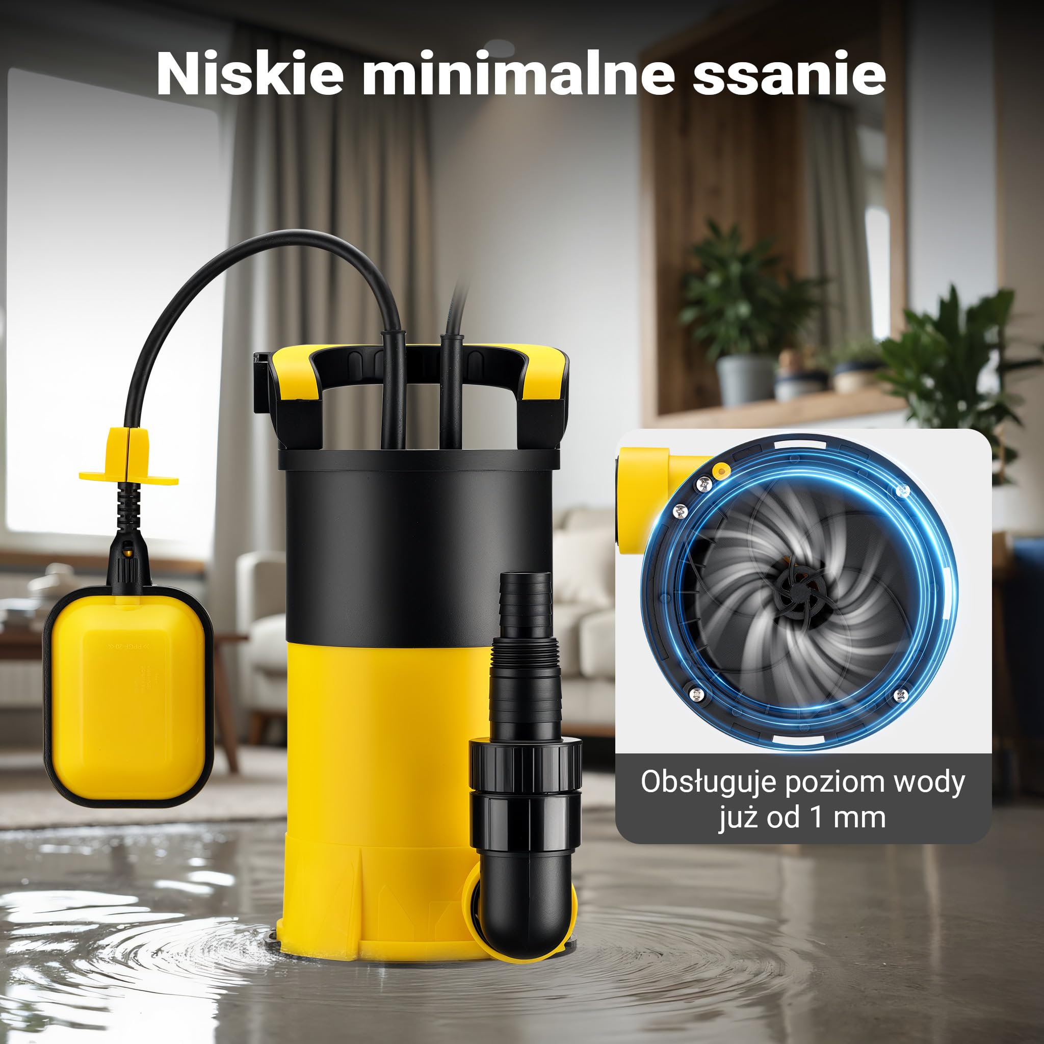 Wiltec Pompa zanurzeniowa do wody czystej, z PPO, 900 W z przepływem 17000 l/h, wysokość tłoczenia 9 m, do płaskiego pompowania 1 mm