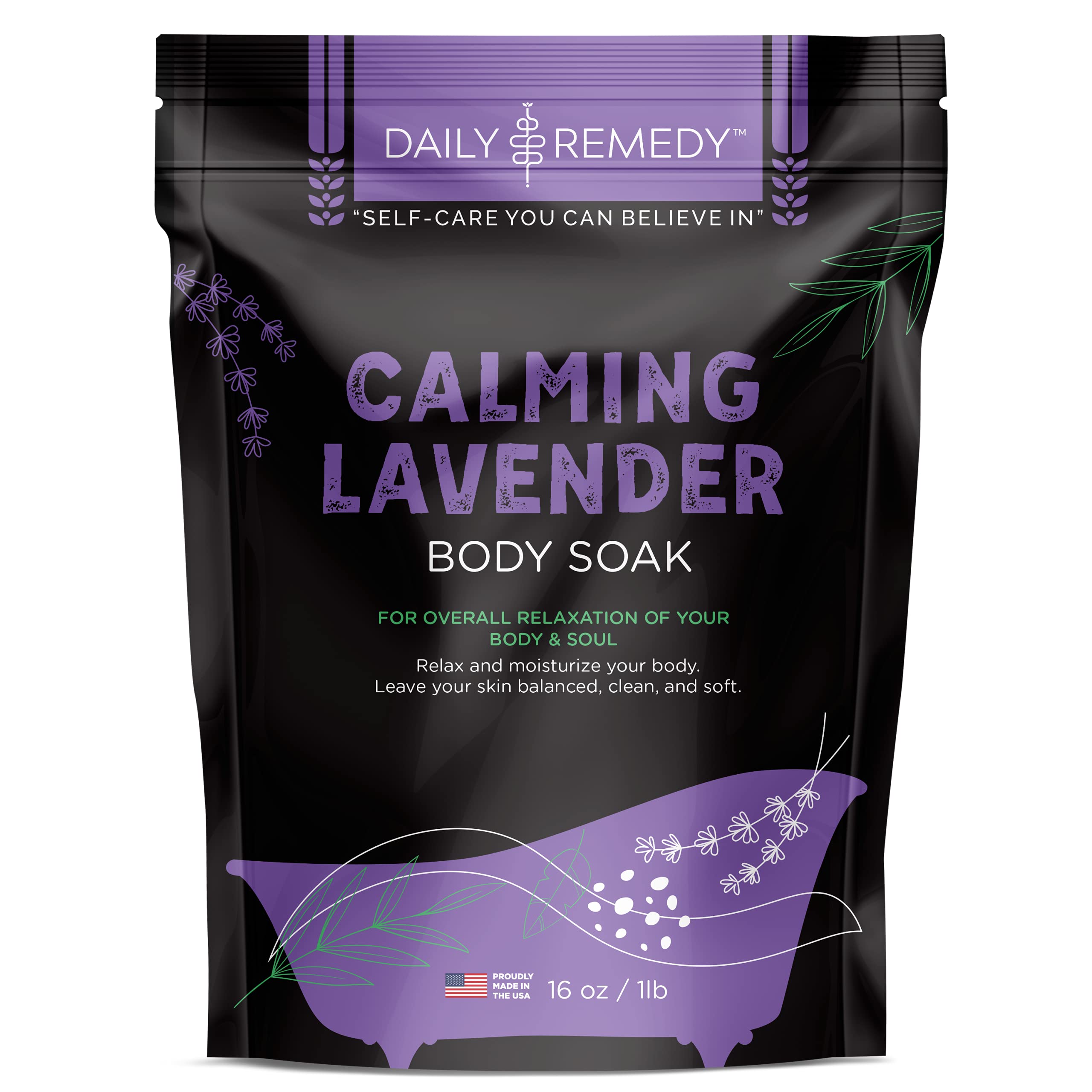 DAILY REMEDY Calming Lavender Body Soak with Epsom Salt - Made in USA - Soothe, Moisturize, Relax and Revitalize Tired Achy Muscles. Perfect for a Goodnight Sleep. 16 Ounces