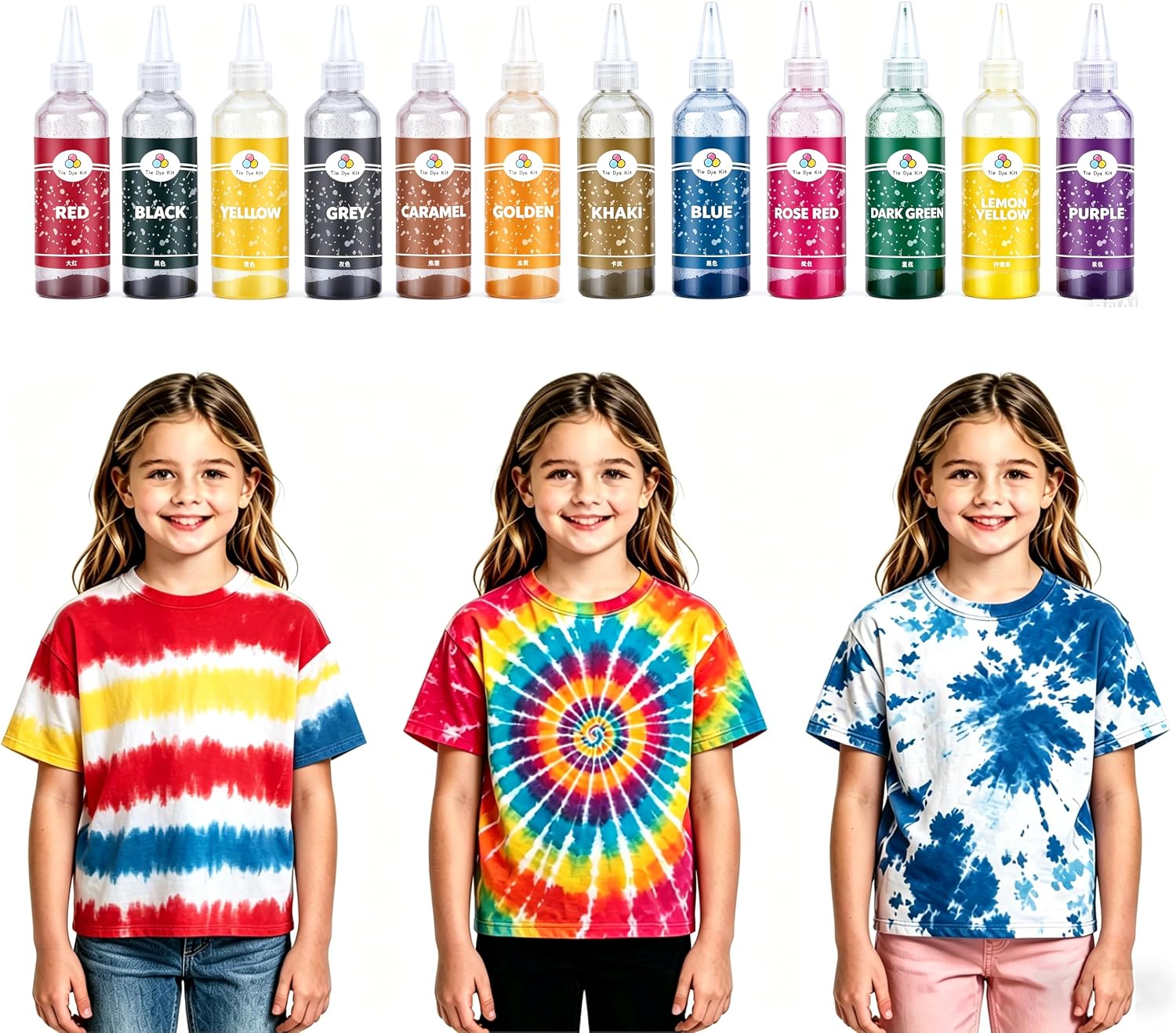 Agitation Eco-Friendly One-Step Tie Dye Kit, All-Inclusive Set with 12 Colors & 3 Kids T-Shirts, Value-Packed for Kids One-Step DIY Set, Perfect Tie Dye Party Supplies for All Ages (6-7 Years)