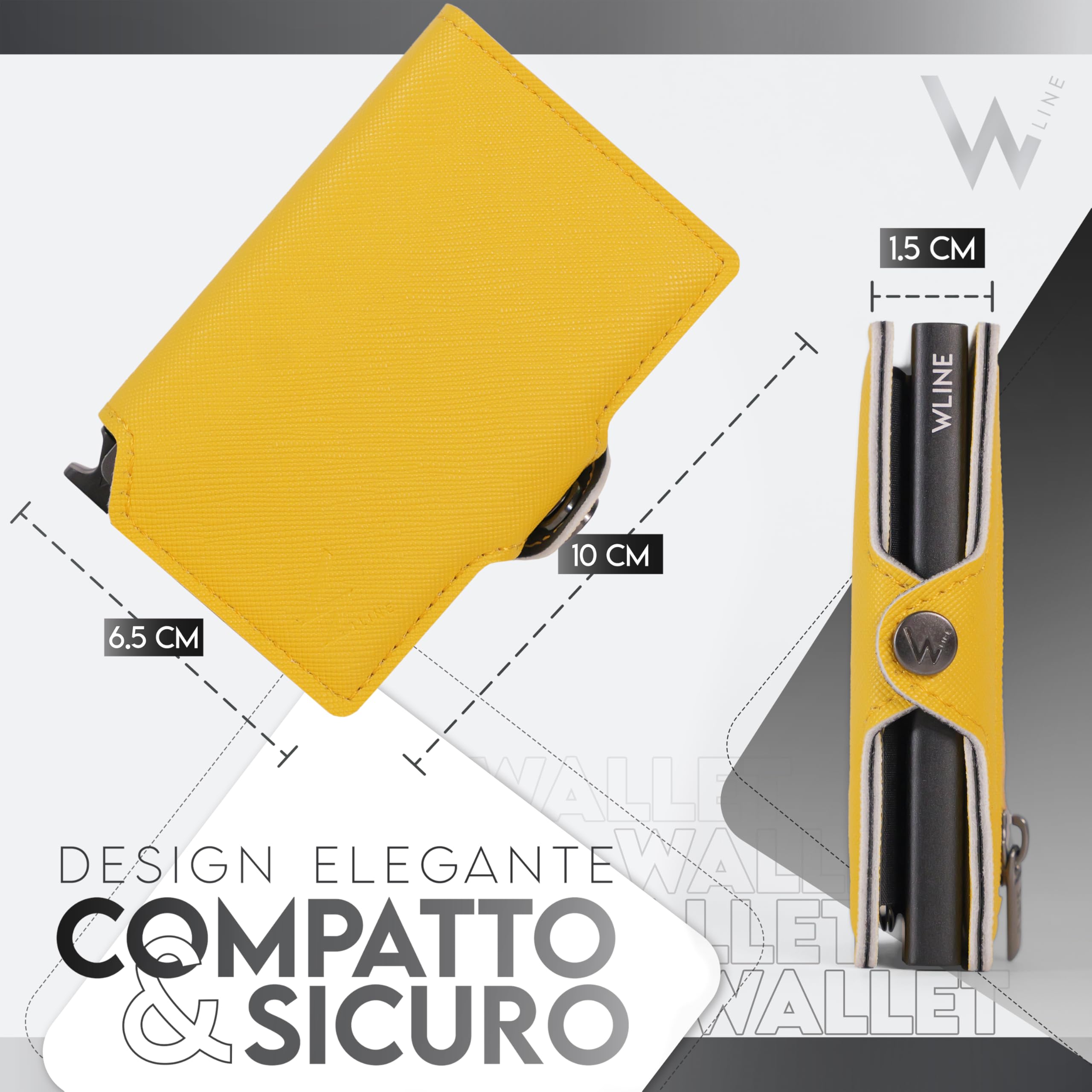 WLine Portafoglio Uomo Slim con Portamonete Rfid Compatto ed Elegante - Porta Carte di Credito Uomo e Donna Schermato in Pelle PU - Portatessere Uomo Tascabile (Giallo e Nero Saffiano, Con Zip)