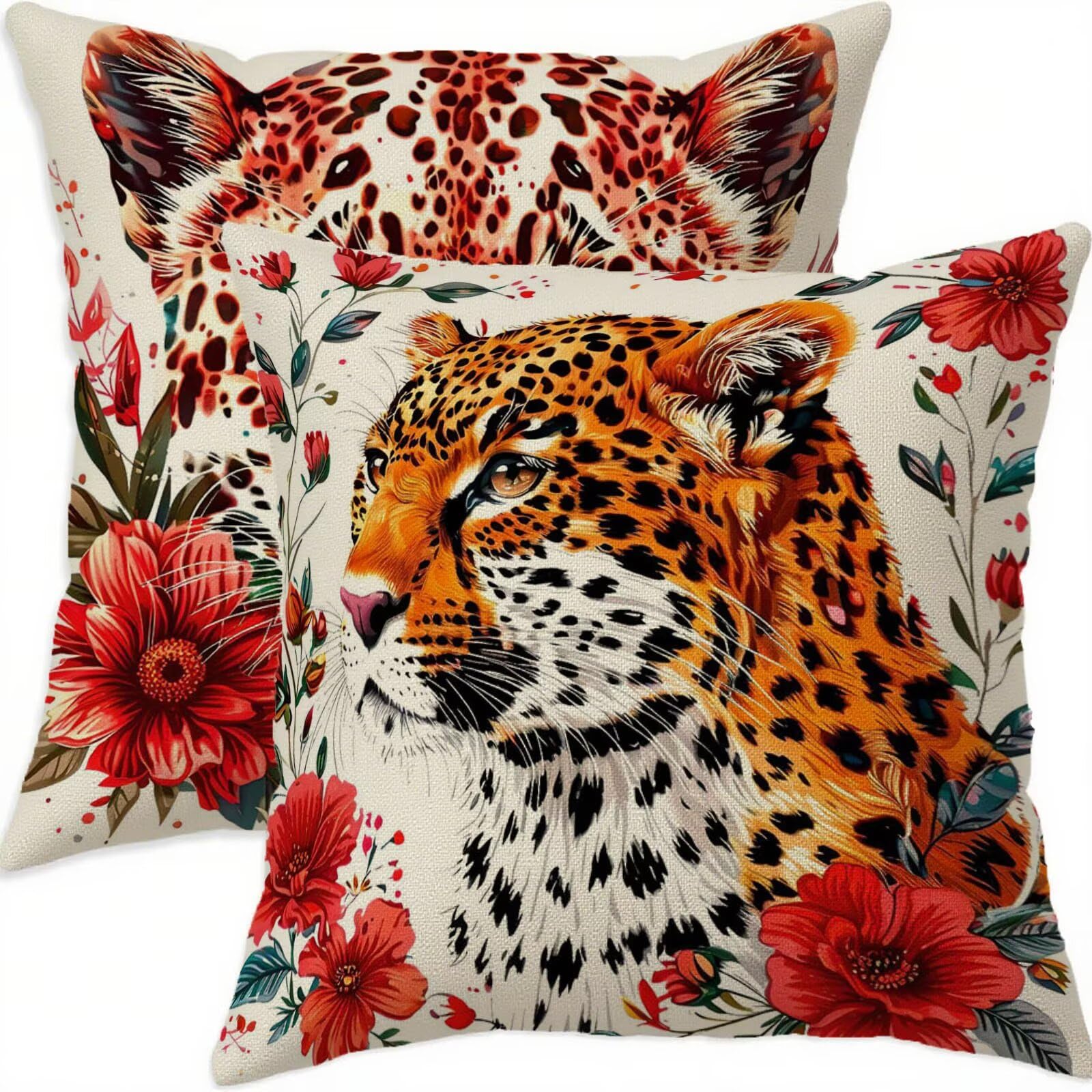 Housse coussin 75x75cm tigre en lin imperméable lot de 2 pour canapé et balcon