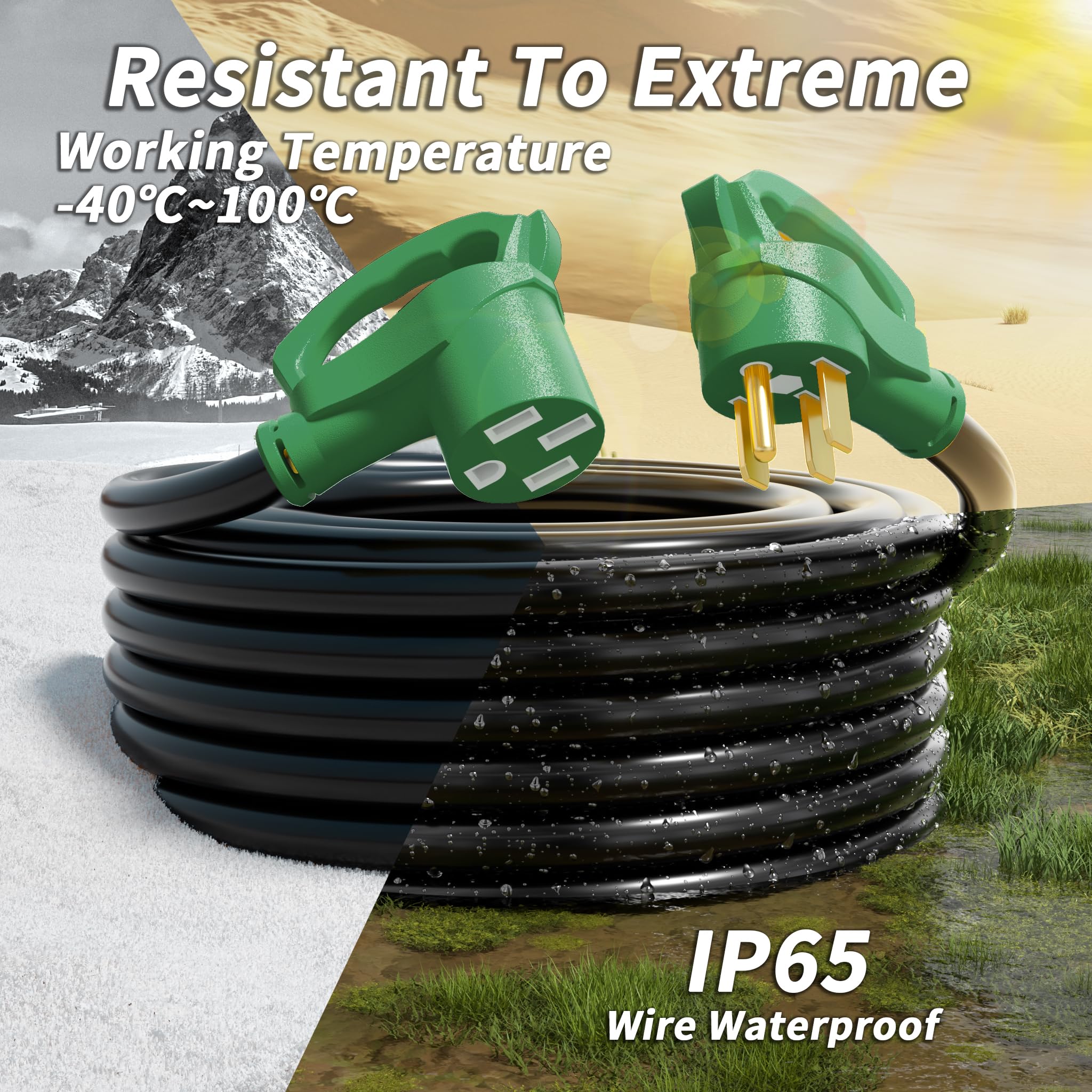 PlugSaf Cable de extensión RV/EV de 25 pies y 50 amperios para exteriores, 4 clavijas, flexible, resistente, calibre 6/3+8/1, STW RV impermeable, con organizador de cables, NEMA 14-50P a 14-50R,