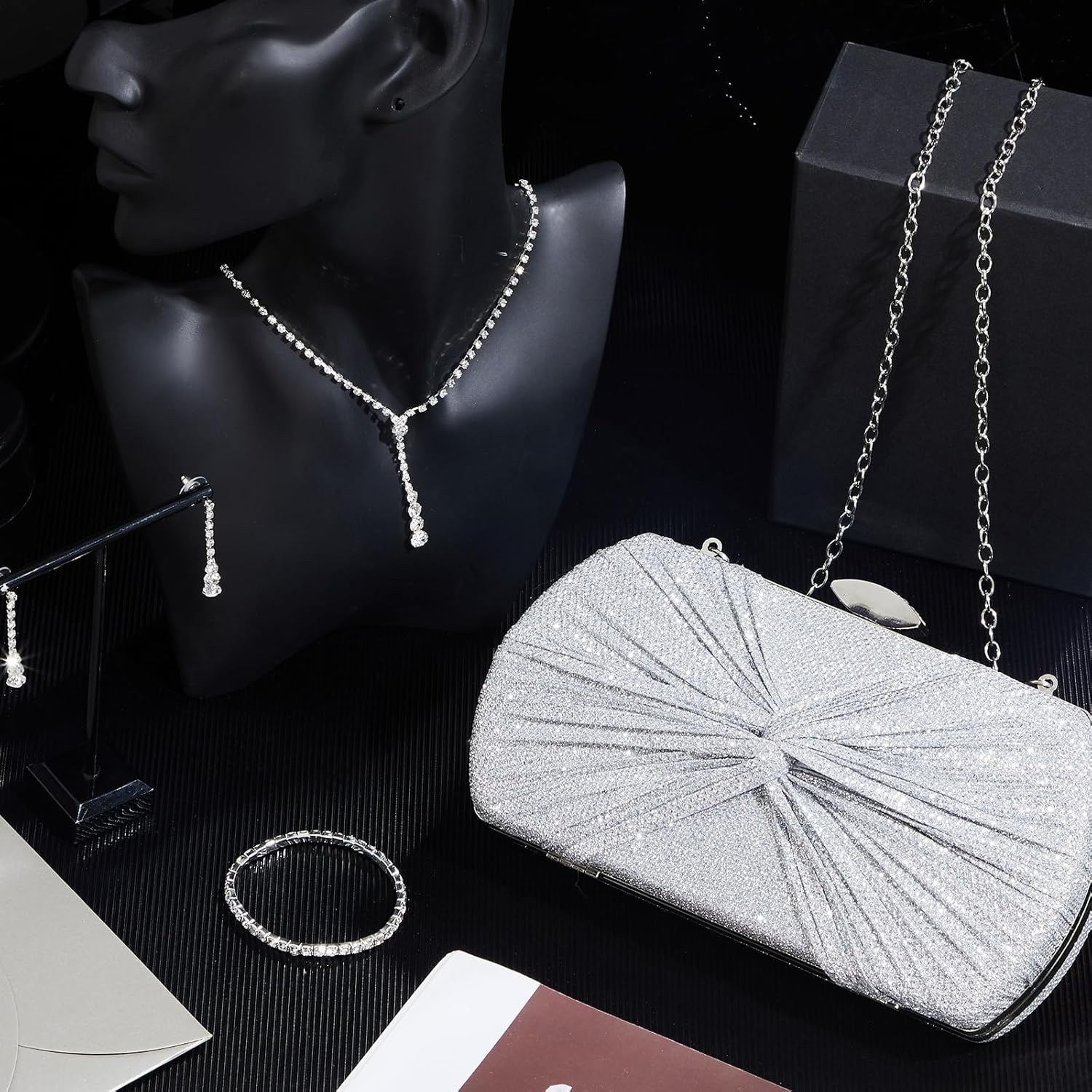 Blosssound 4 Pcs Silver Clutch Purse Jewelry Set for Women Includes Rhinestone Purse Silver Hand Bag Crystal Necklace Earrings Bracelets for Bridal Wedding Evening Party Accessories - Image 5