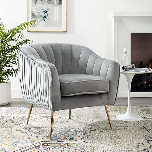 Altrobene Silla decorativa de terciopelo, Silla moderna de barril, Sillones de brazo para sala de estar, acabado dorado, gris