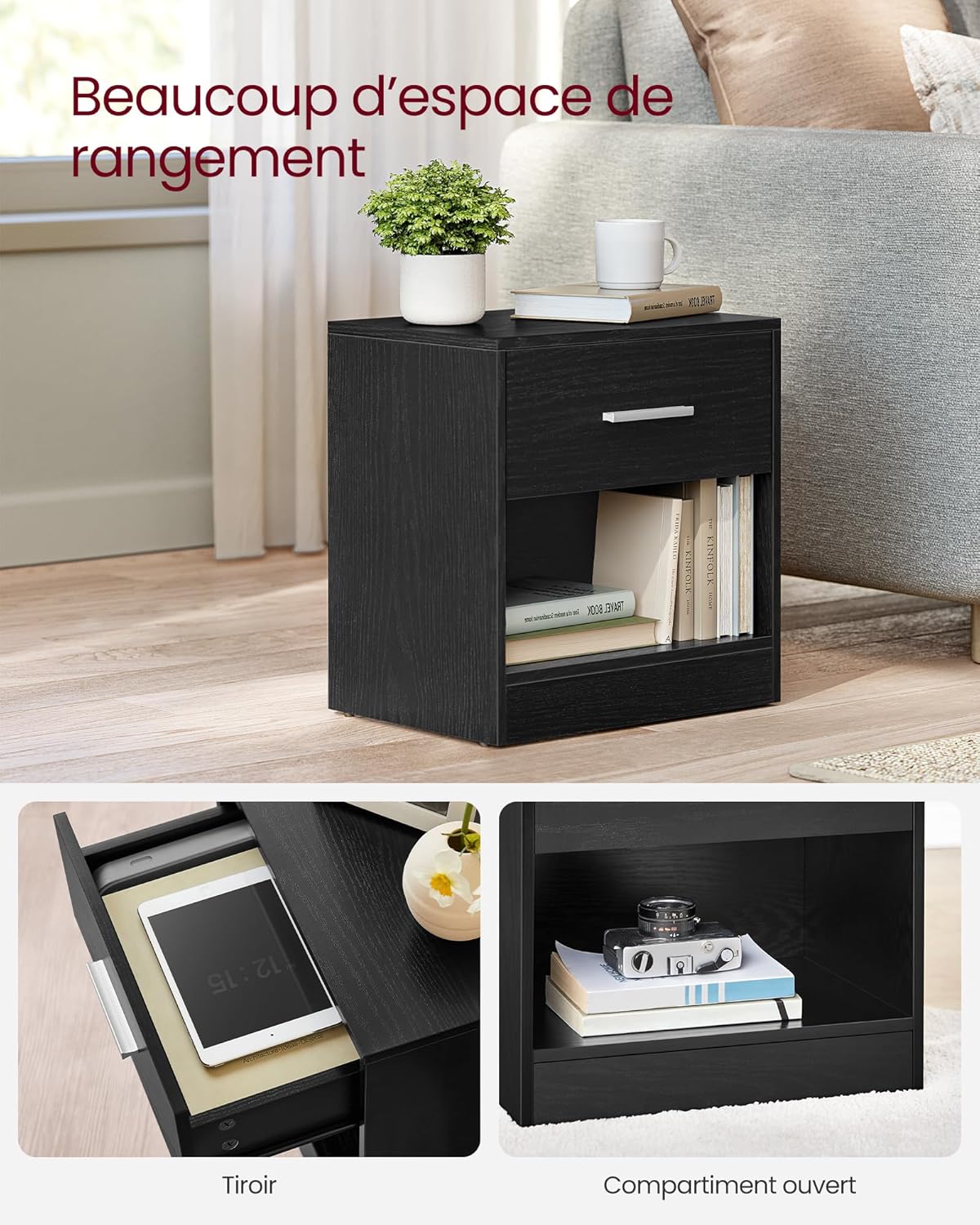 Vasagle nightstand in a living room setting, showcasing the drawer and open compartment filled with books and a plant.