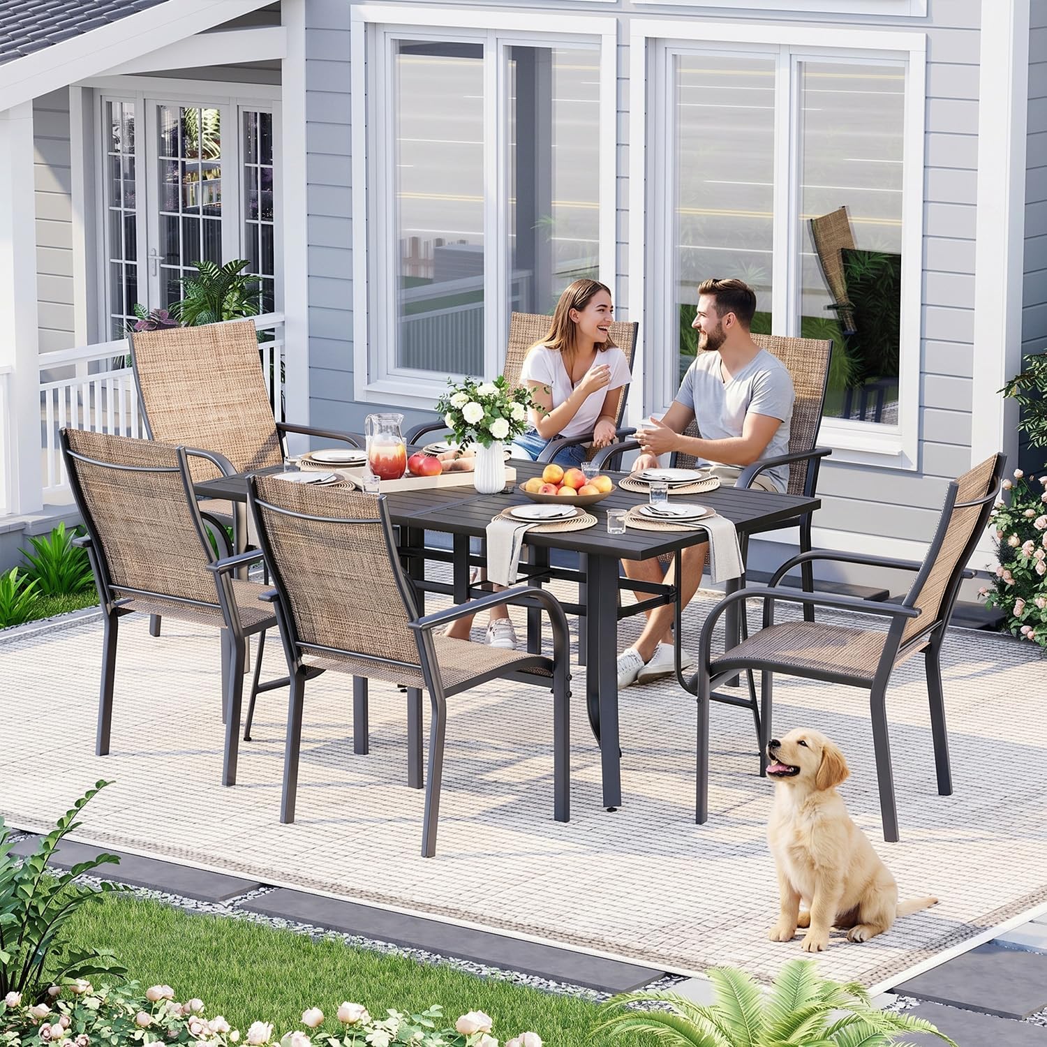 Mdeam Patio Chairs Set of 6, 330 LBS Capacity, 17.83" Widened Outdoor Dining Chairs with All Weather Quick-Drying Textilene & Metal Frame, Patio Furniture for Lawn Balcony Porch Garden Backyard, Brown