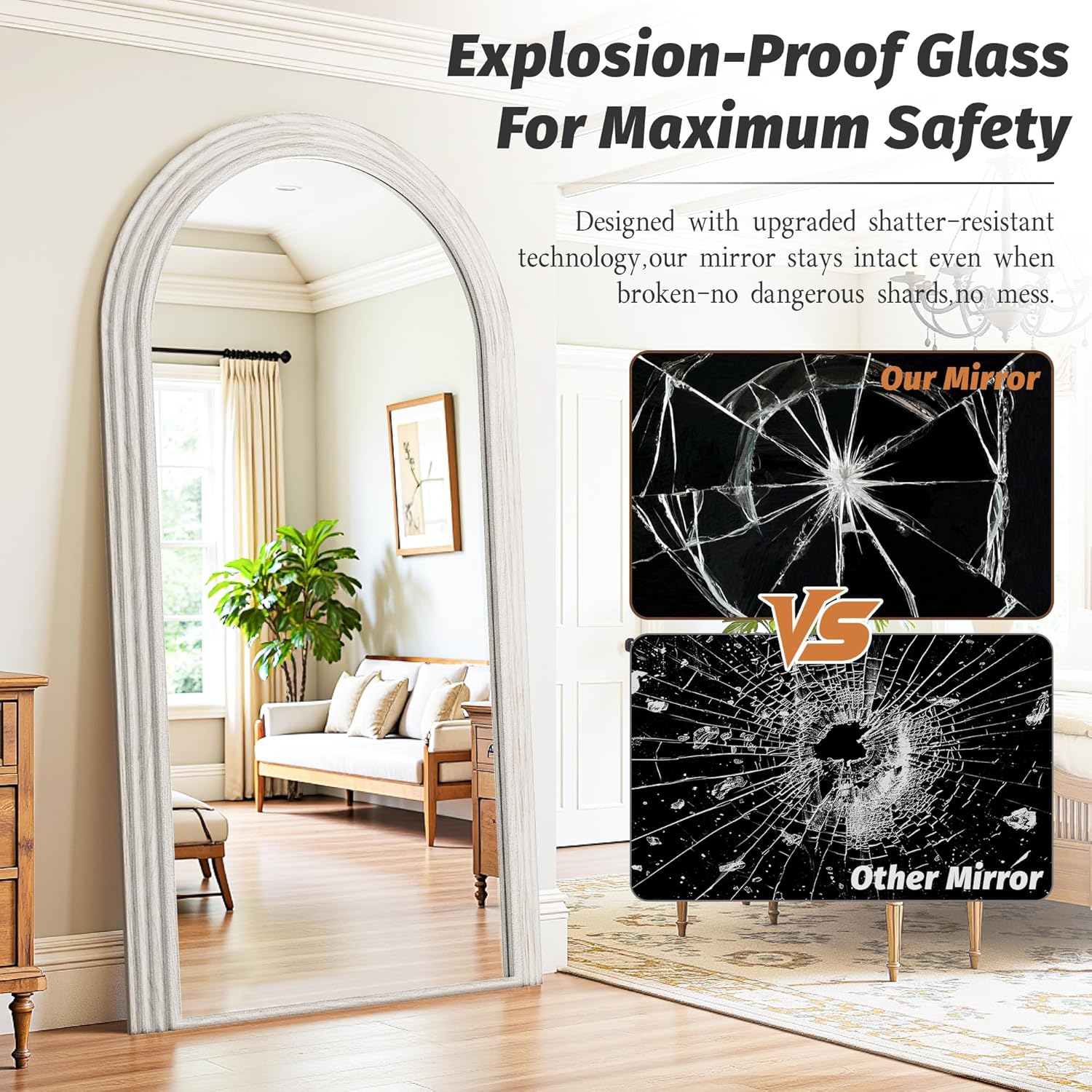 Antok Full Length Mirror 76"×41" Floor Mirror Standing Tall Mirror, Arched Stand up Large Wall Mirrors, Freestanding Full Body Mirrors for Bedroom Living Room Wood Vintage Style White - Image 5