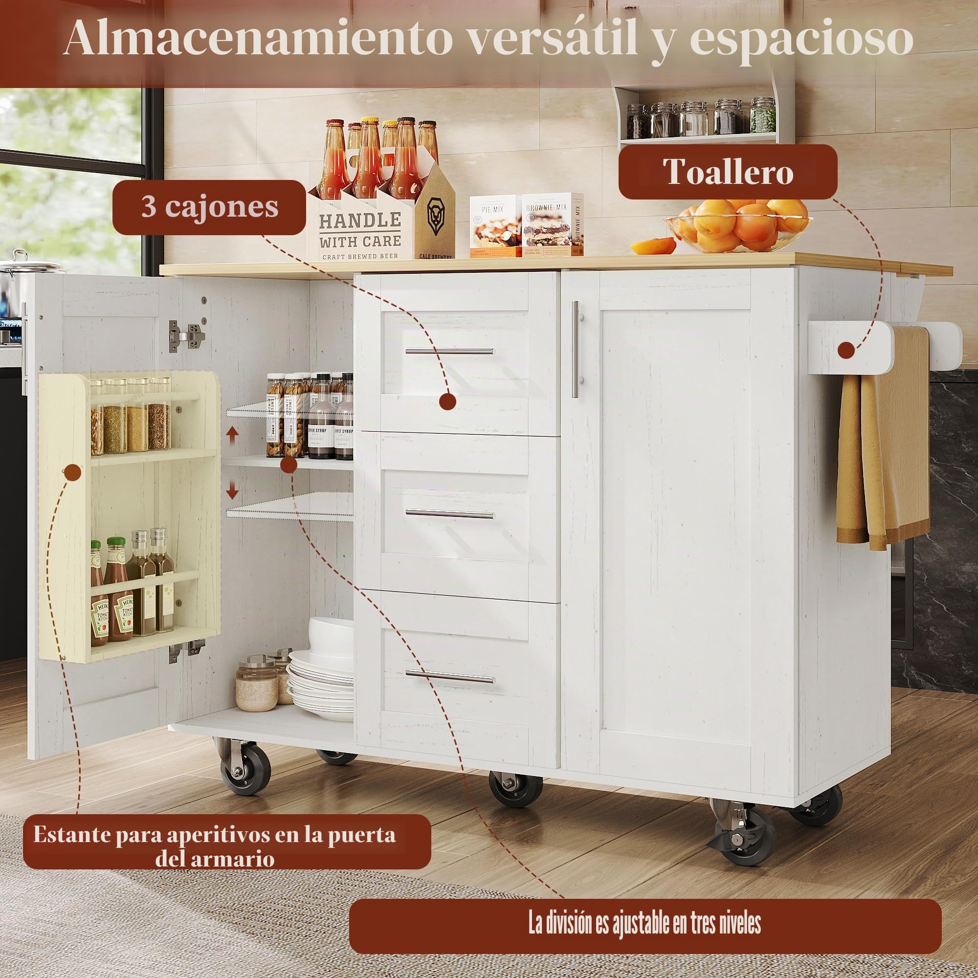 KAZZIO Isla de cocina, separadores extraíbles, ruedas extraíbles como armarios de cocina, carrito de comedor con encimera, armario buffet, carrito de comedor con vetas de madera, con ruedas (blanco)