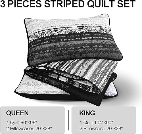 Miniatura 5 de DJY Juego de edredón a rayas negras, tamaño Queen, juego de colcha de retazos a rayas bohemias, juego de ropa de cama de microfibra suave, 3 piezas