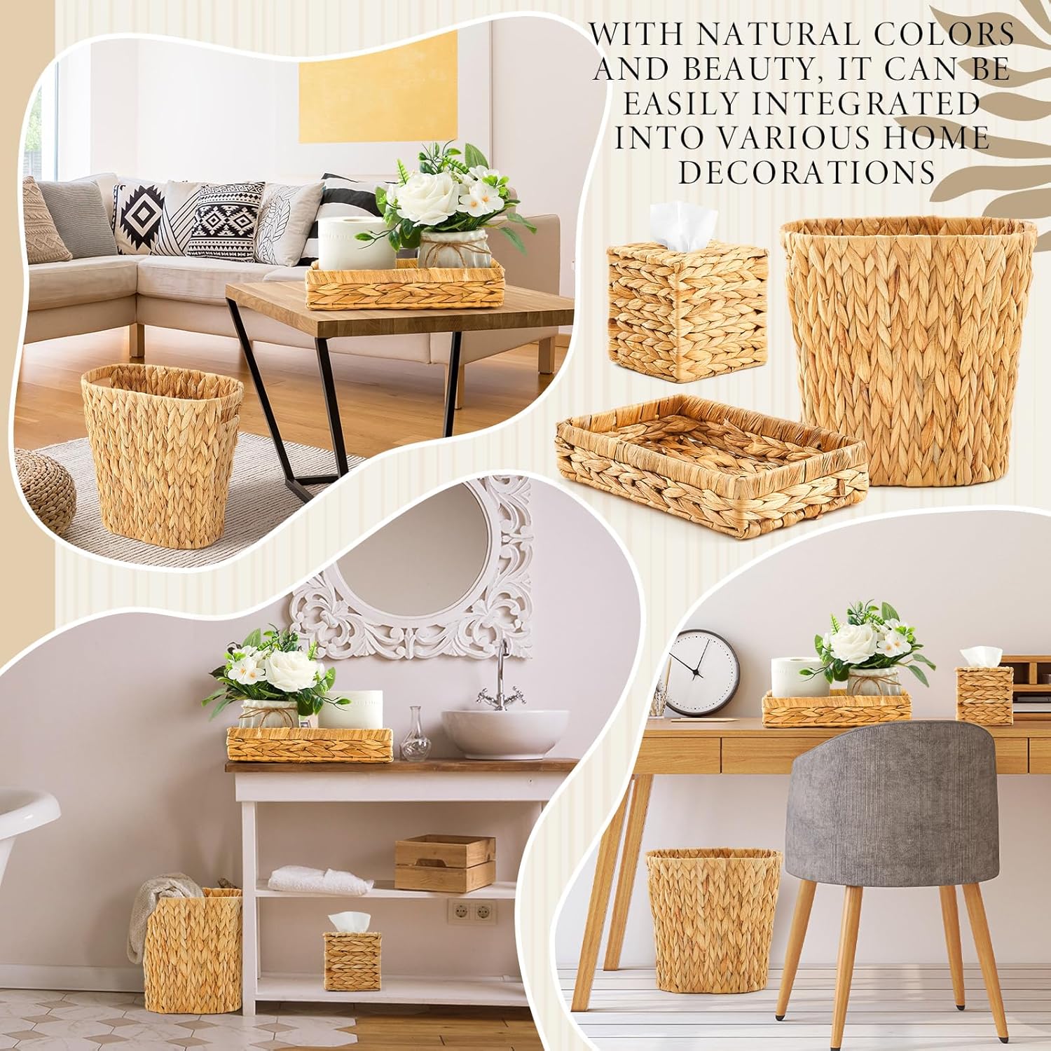 3 Pcs Bathroom Wicker Basket Set Wicker Trash Can Waste Paper Basket Rattan Tray Tissue Square Box Holder Bathroom Set Accessories for Bedroom Kitchen Office Spring Easter Boho Organizer Decoration