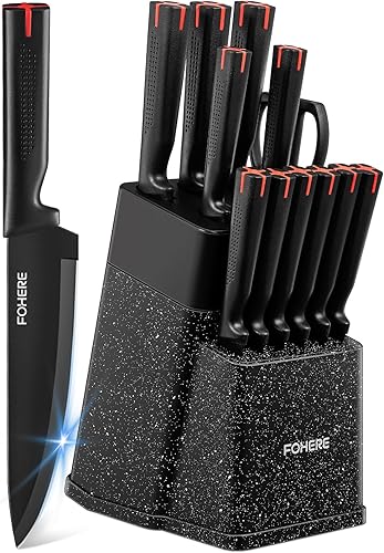 FOHERE Juego de cuchillos con bloque de 13 piezas de acero inoxidable para cocina con afilador integrado, juego de bloques de cuchillos de cocina
