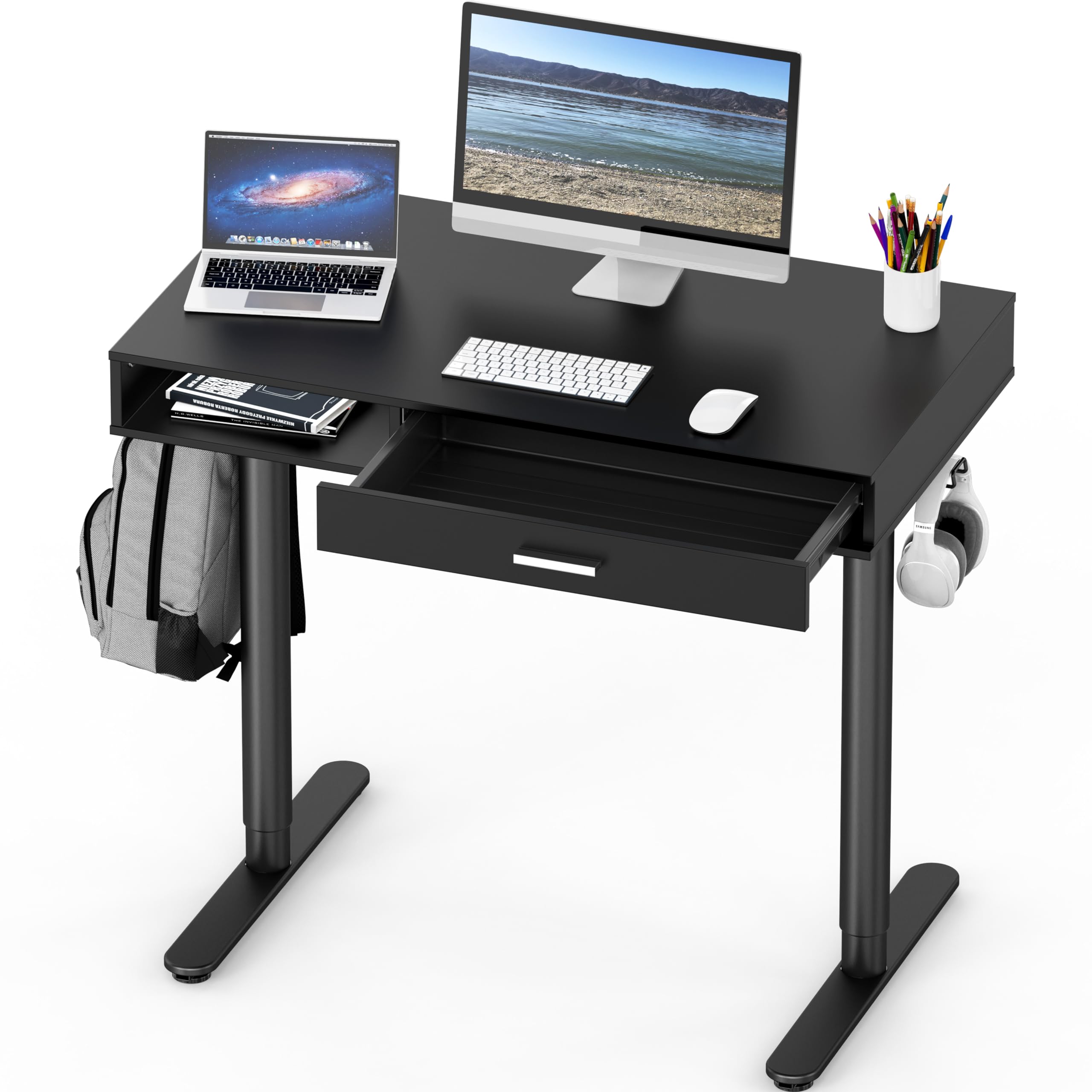 SHW Claire 40-Inch Height Adjustable Electric Standing Desk with Drawer, Black