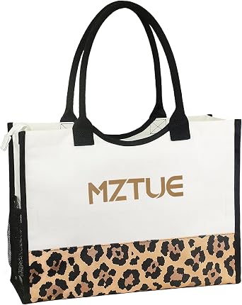 Canvas Tote Bag with Zipper and 4 Pockets, Machine Washable - Spacious Shoulder Bag Ideal for Travel, Work, Gym