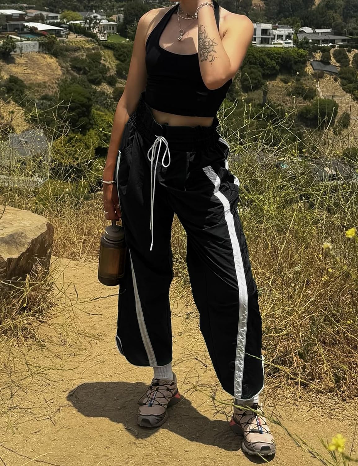 Wyeysyt Womens Wide Leg Pants Baggy Sweatpants Casual Drawstring Elastic Waist Contrast Color Y2K Track Pants - Image 5