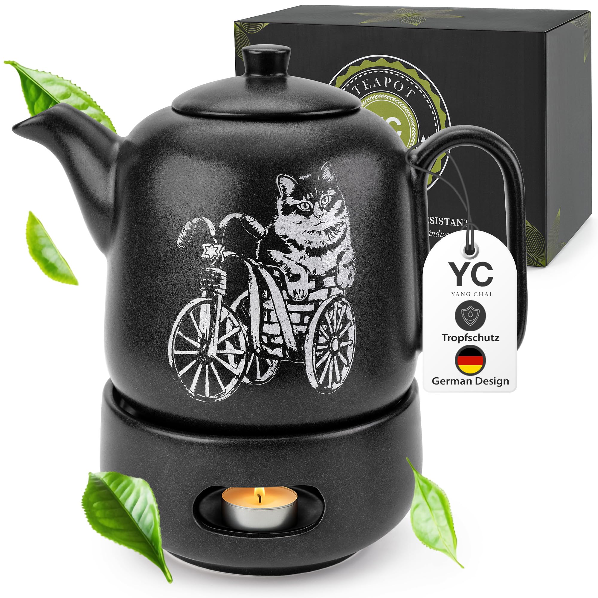 YC Yang Chai Teekanne mit Stövchen - Keramik Schwarz Matt 1.3L - Teekanne mit Siebeinsatz - Tropffrei & Hitzebeständig - Handgefertigte Keramik Tee Kanne - langanhaltende Wärme - YC GATOLO