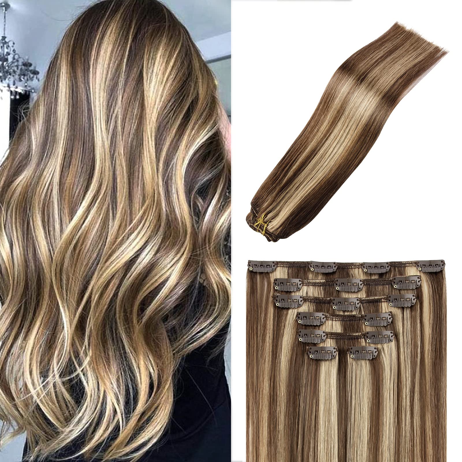 Clip in Hair Extensions Highlight Chocolate Brown to Caramel Blonde, 18  Inch 70g Real Human Hair Extensions Double Weft 7pcs for Women #4p27 Brown