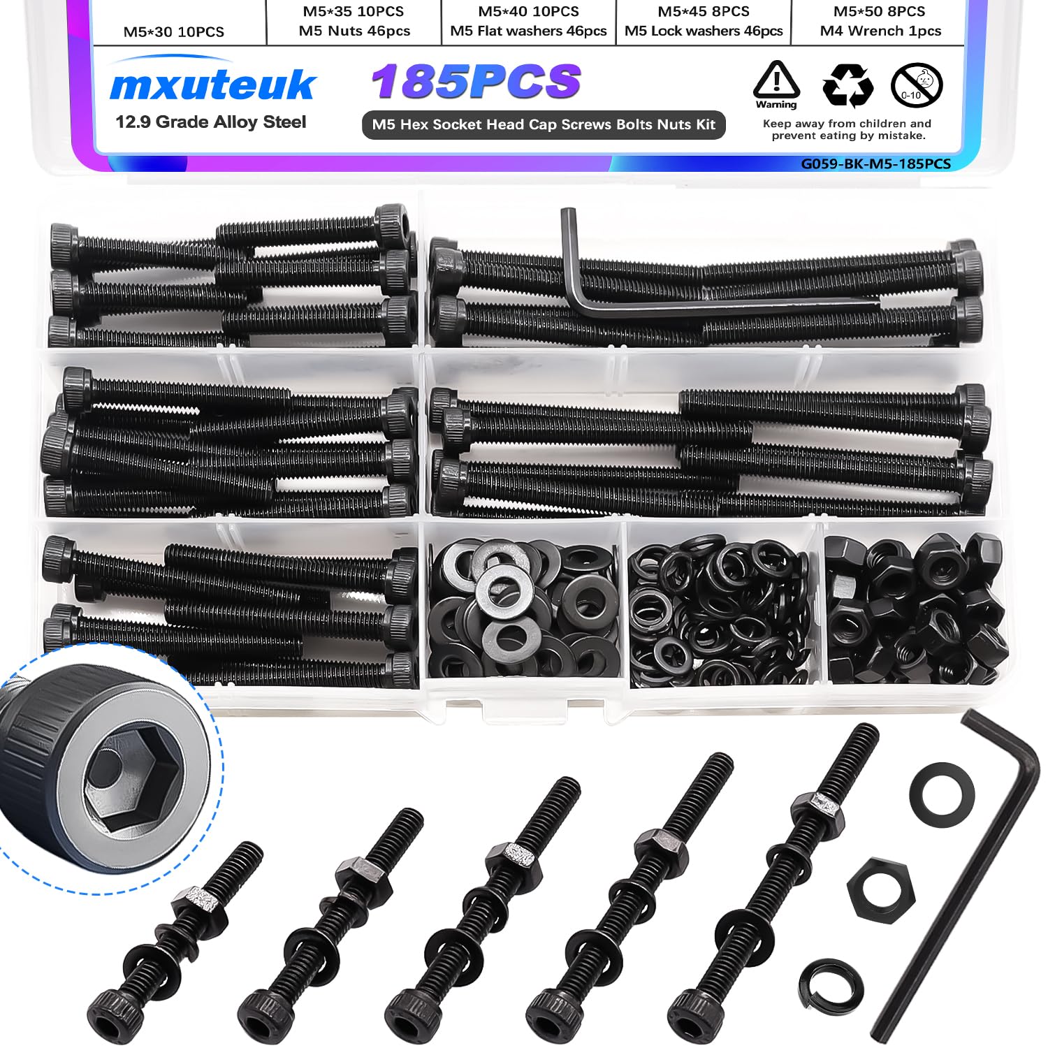 mxuteuk 720PCS M3 Screws Kit,M3×6/8/10/12/16/20mm M3 Screws Assortment Kits,12.9 Alloy Steel M3 Hex Socket Head Bolts Nuts Washers Set Suitable for 3D Printer,DIY — Amazon image 7
