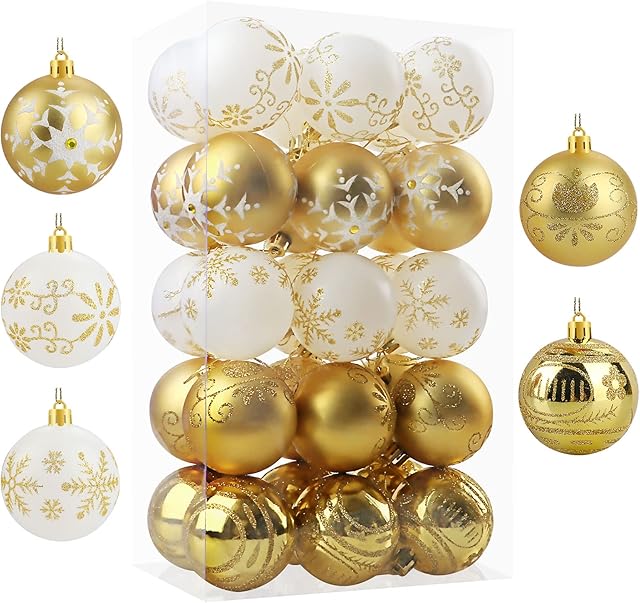 Christmas Tree Baubles Gold and White 6cm 30pcs, Shatterproof Christmas Baubles for Christmas Tree Decorations, Christmas Balls Ornaments for Home Xmas Decorations Set for Christmas, New Year