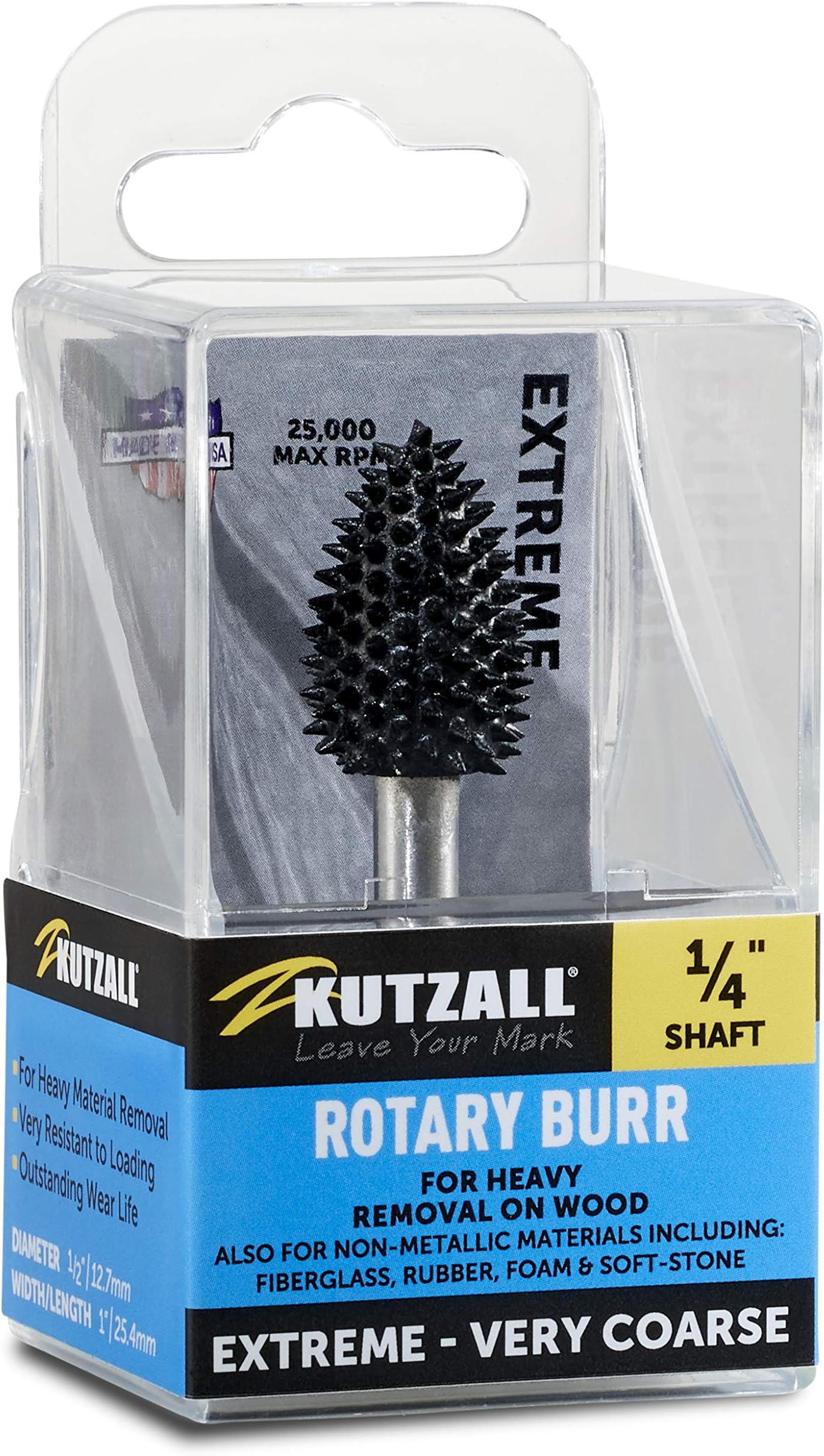 Kutzall Extreme Flame Burr - Very Coarse, Tungsten Carbide Coating - 1/4" (6.3mm) Shaft - Head Diameter 1/2" (12.7mm) x Head Length 1" (25.4mm) - FLX-12C