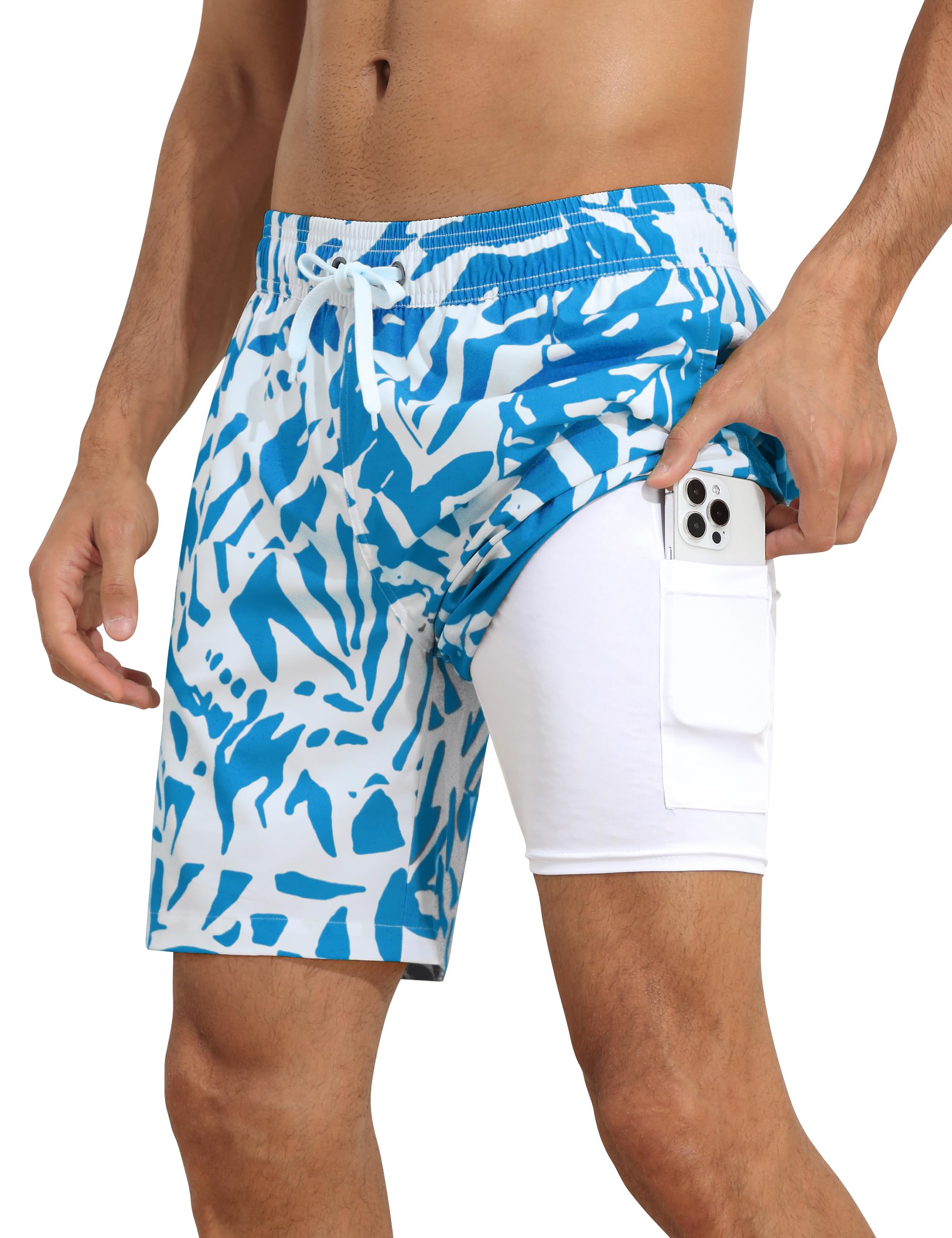Nonwe Men's Swim Trunks with Compression Liner Quick Dry 7" Bathing Suits Tropical Board Shorts with Liner Pocket