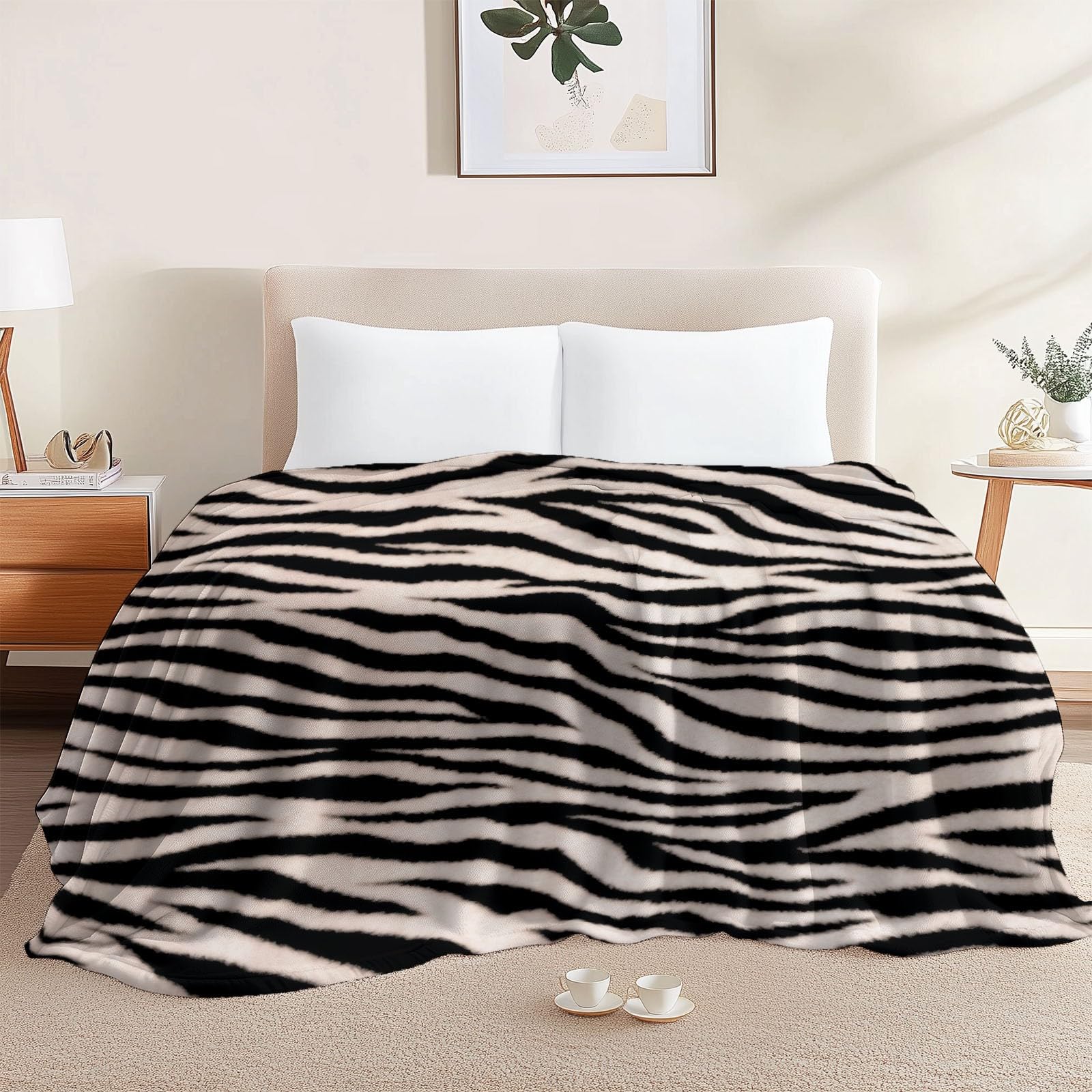 Couverture Polaire 150 x 200 cm Motif Imprimé Animal Zèbre, Plaid Polaire Blanc Noir Flanelle 2 Personnes, Imprimée Couvertures et Plaids Doux et Chaud for Canape Lit