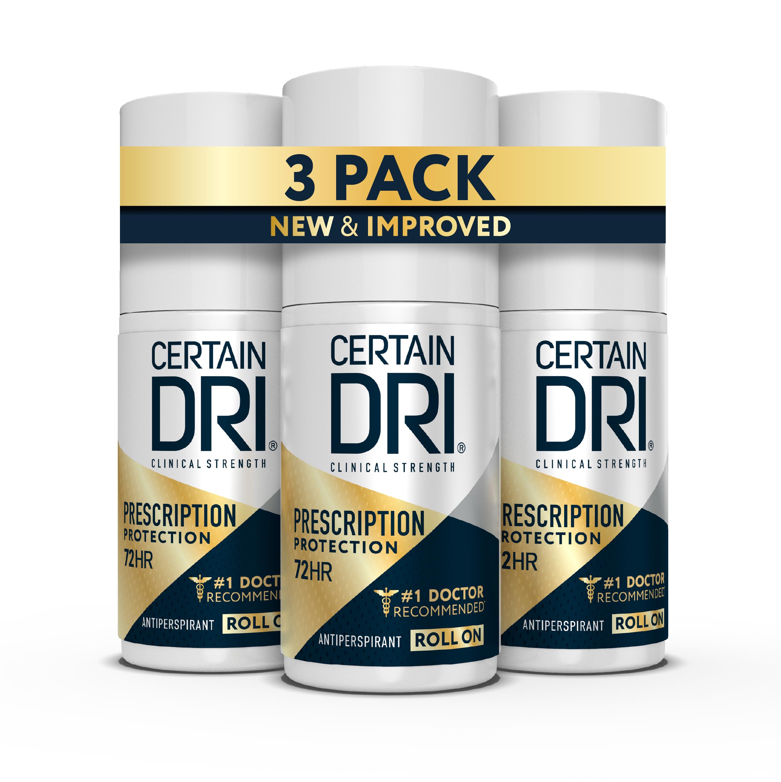 Certain Dri Prescription Strength Clinical Antiperspirant Roll-On for Hyperhidrosis, 72-Hour Sweat Protection, Fragrance-Free, Doctor-Recommended for Men & Women, 1.2 fl oz (Pack of 3)