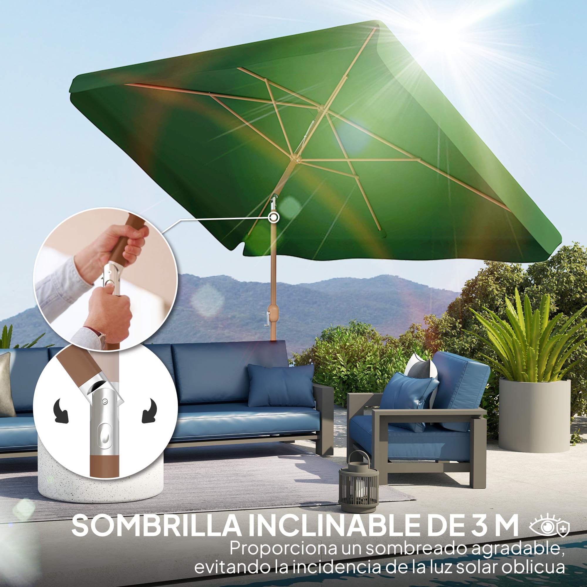 Outsunny Sombrilla de Terraza Exterior 300x200 cm Ángulo Ajustable | Parasol de Terraza Exterior, Mástil de Aluminio, Manivela, Protección UV 50+