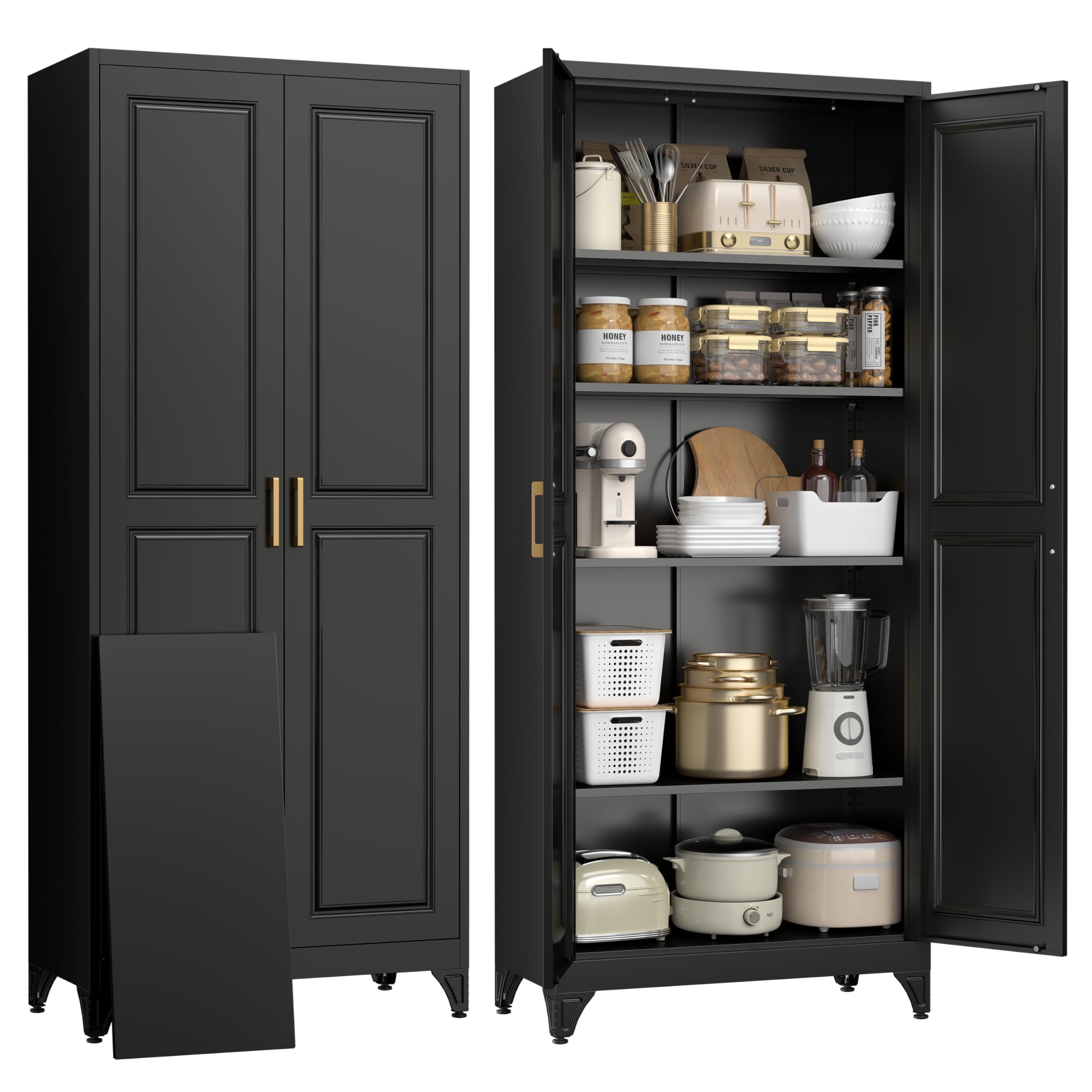 Metallschrank,190 x 80 x 40 cm Aktenschrank mit 4 verstellbaren Einlegeböden Stahlschrank Aufbewahrungsschrank mit 2 Türen Mehrzweckschrank für Schule Haus Büro Garage Schwarz