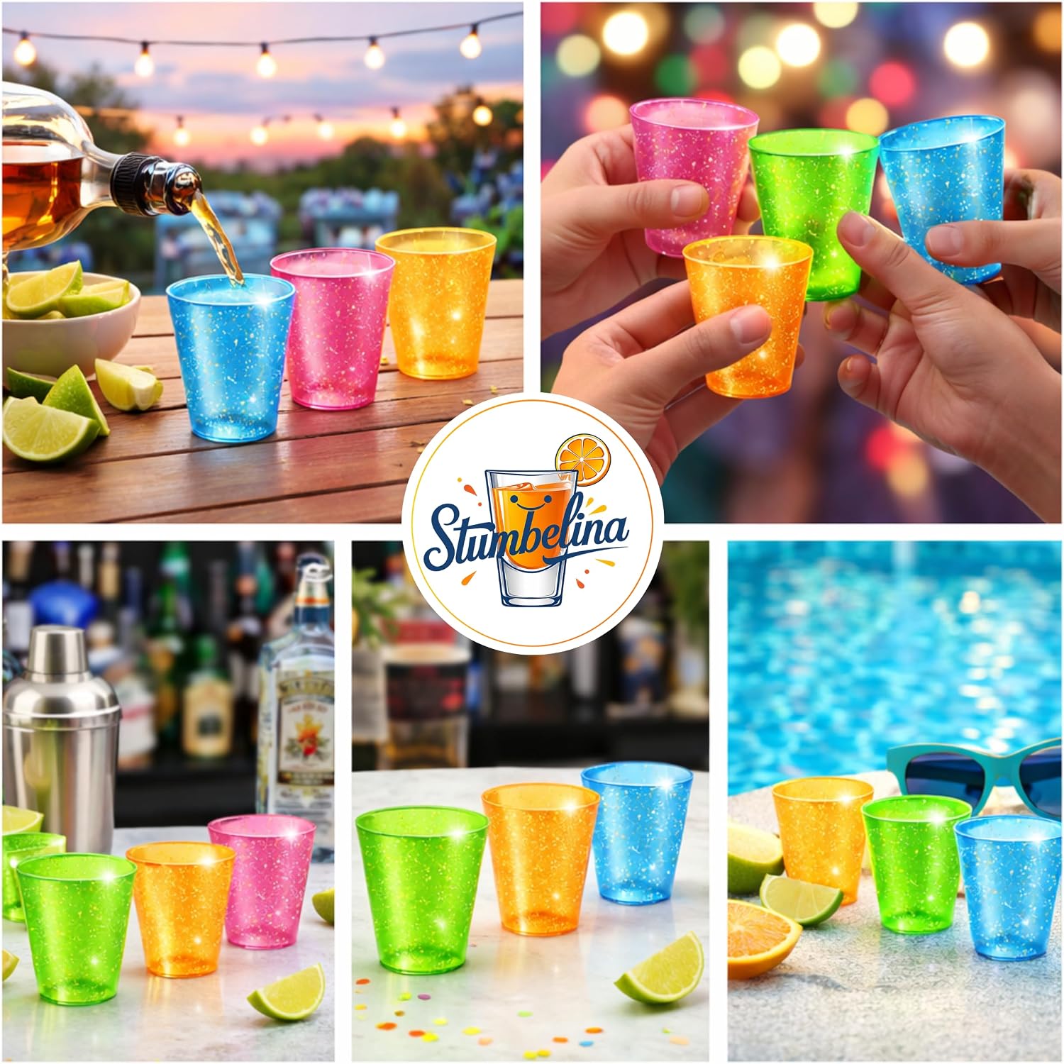 Stumbelina 100 COUNT (1 oz) NEON SPARKLE | PLASTIC SHOT GLASS CUPS | Disposable BRIGHT MULTI-COLOR Variety Pack | Glow Party Disco Rave Trinkets Decorations Accessories Decor