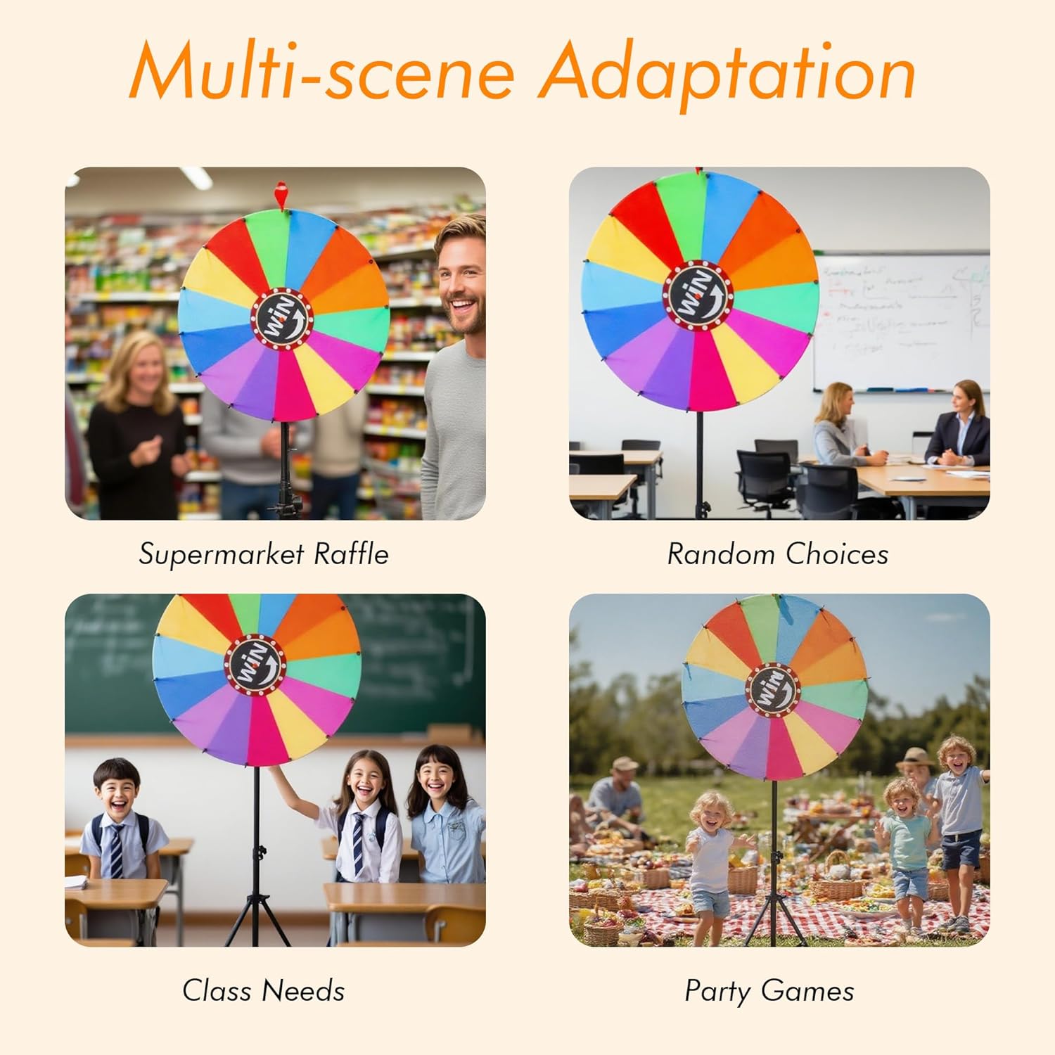 24inch Spinning Prize Wheel, Ajustable 37"-65" Height Spin Doodle Game Spinner- Dual Use Tabletop or Height Adjustable Floor Stand Heavy Duty Spinner Wheel of Fortune, 14 Colors, Fortune Spinning Game