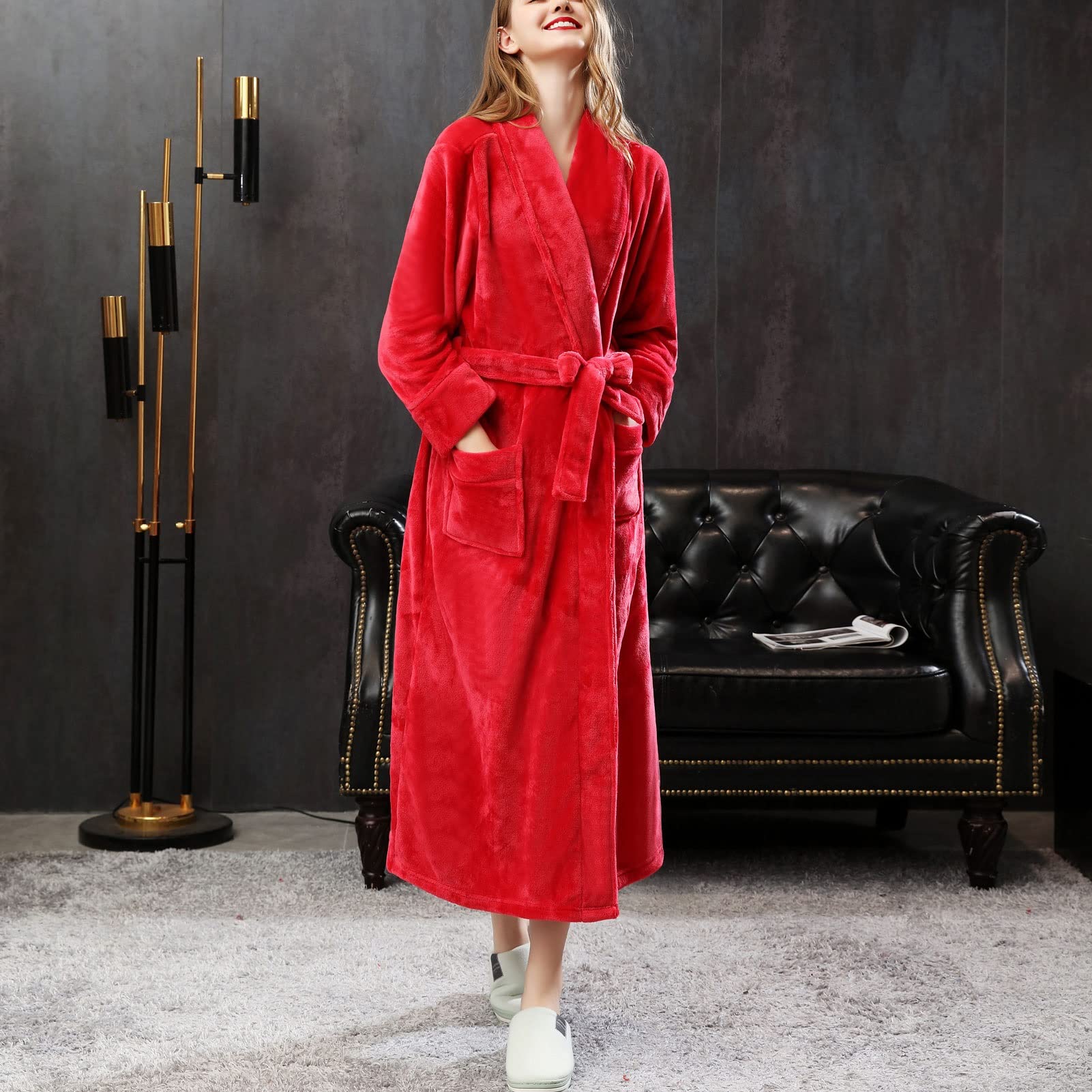 Abito da Uomo Invernale da Uomo, Accappatoio in Pile Accappatoio soffice for Le Donne, Unisex Housecoat Loungewear Accappatoio. (Color : Red Woman, Size : M)