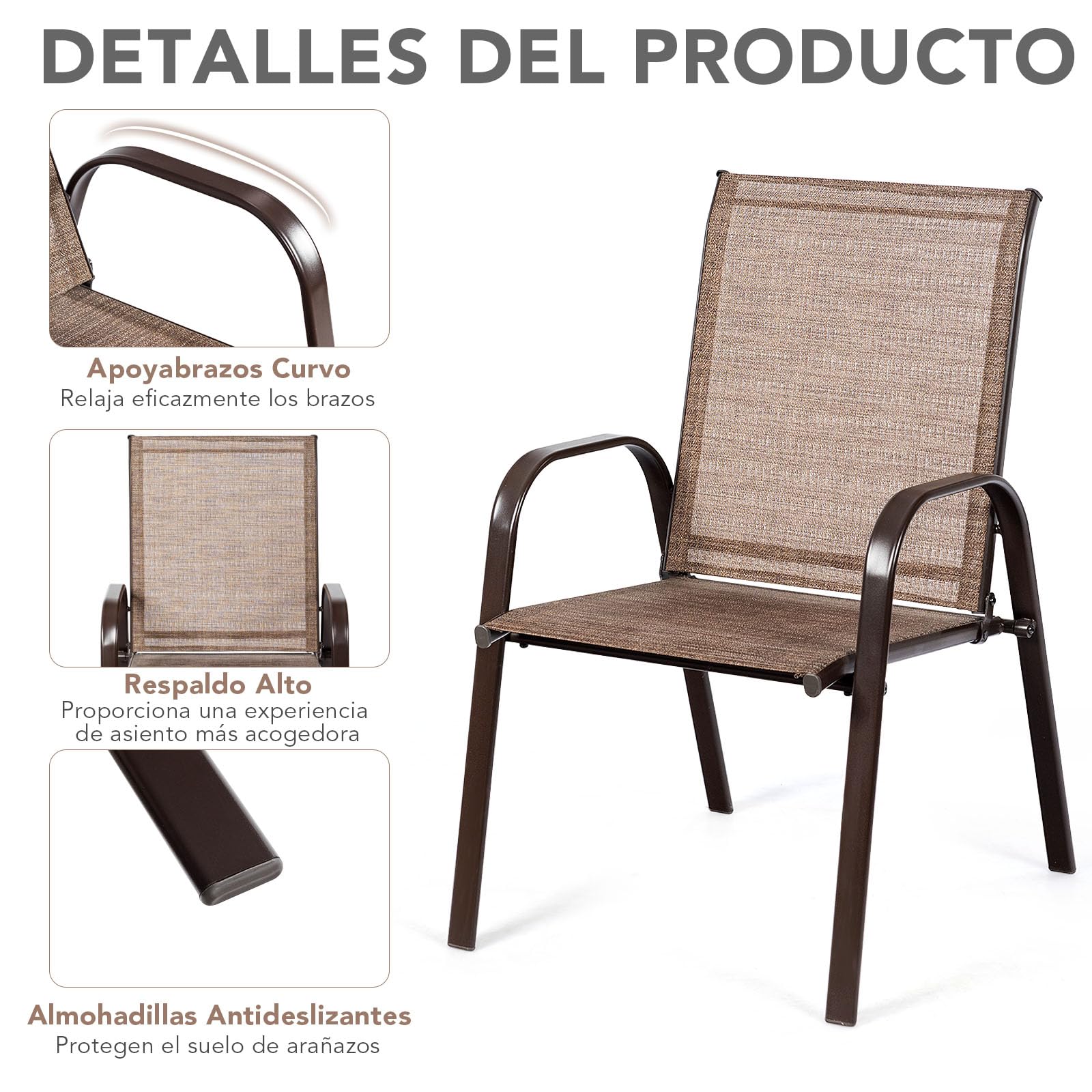 GIANTEX Juego de 2 Sillas Apilables de Jardín, Sillas de Patio con Reposabrazos y Respaldo Alto, 56 x 72 x 90 cm, Sillas de Comedor para Piscina, Terraza, Jardín (Marrón)