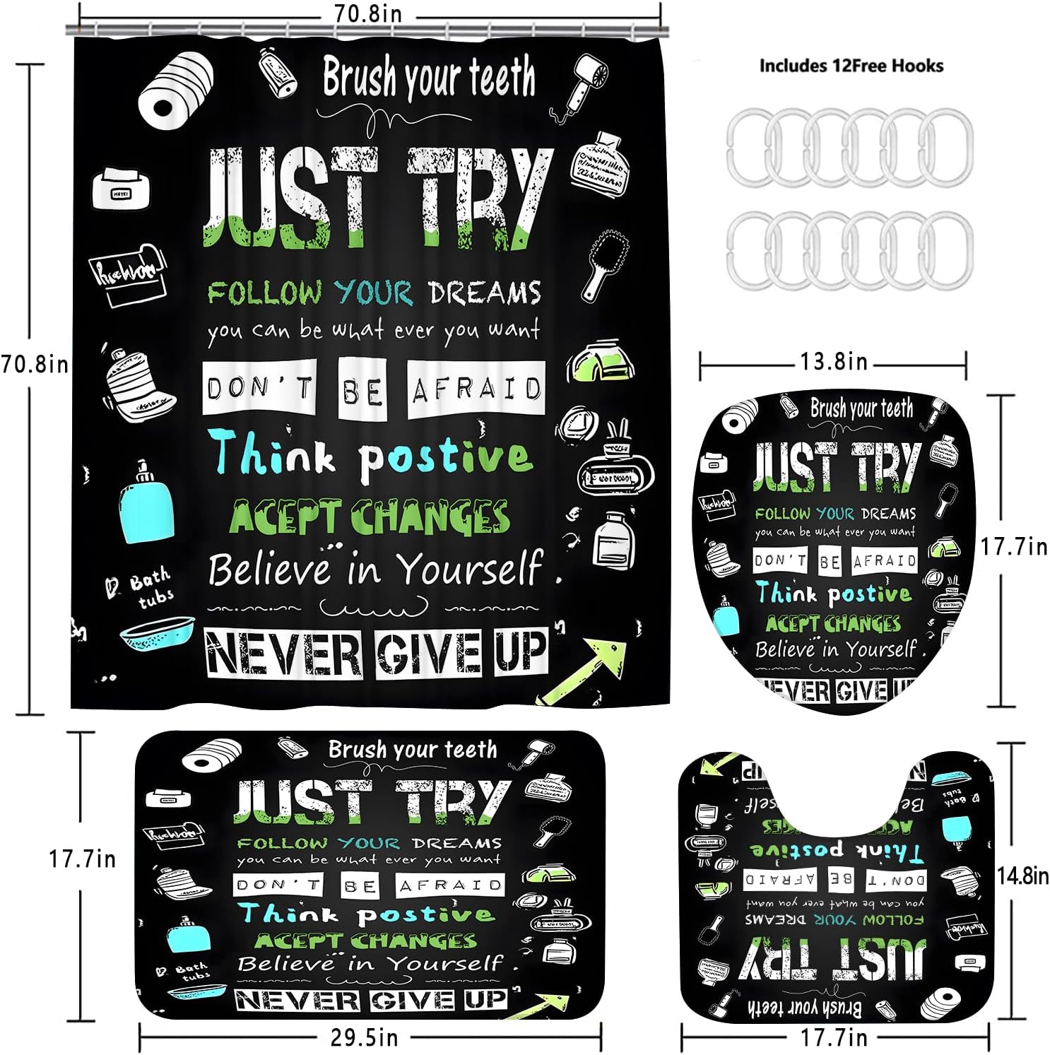 AZHM Black Inspirational Quotes and Positive Phrases Pattern Shower Curtain Set for Bathroom 4 Pcs Whimsical Design Bathroom Accessory Decor Sets with Shower Curtain and Rugs