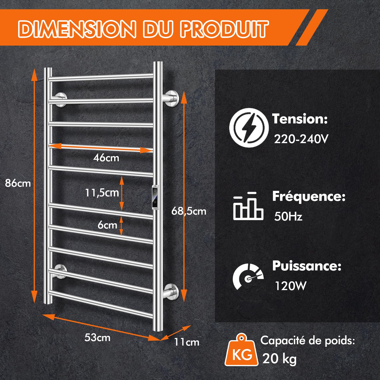 COSTWAY Sèche-Serviettes Électrique 30-60°C avec 10 Barres en Acier Inoxydable, Chauffe-Serviettes 120W Étanche Murale avec Minuterie Affichage LCD, Protection Surchauffe