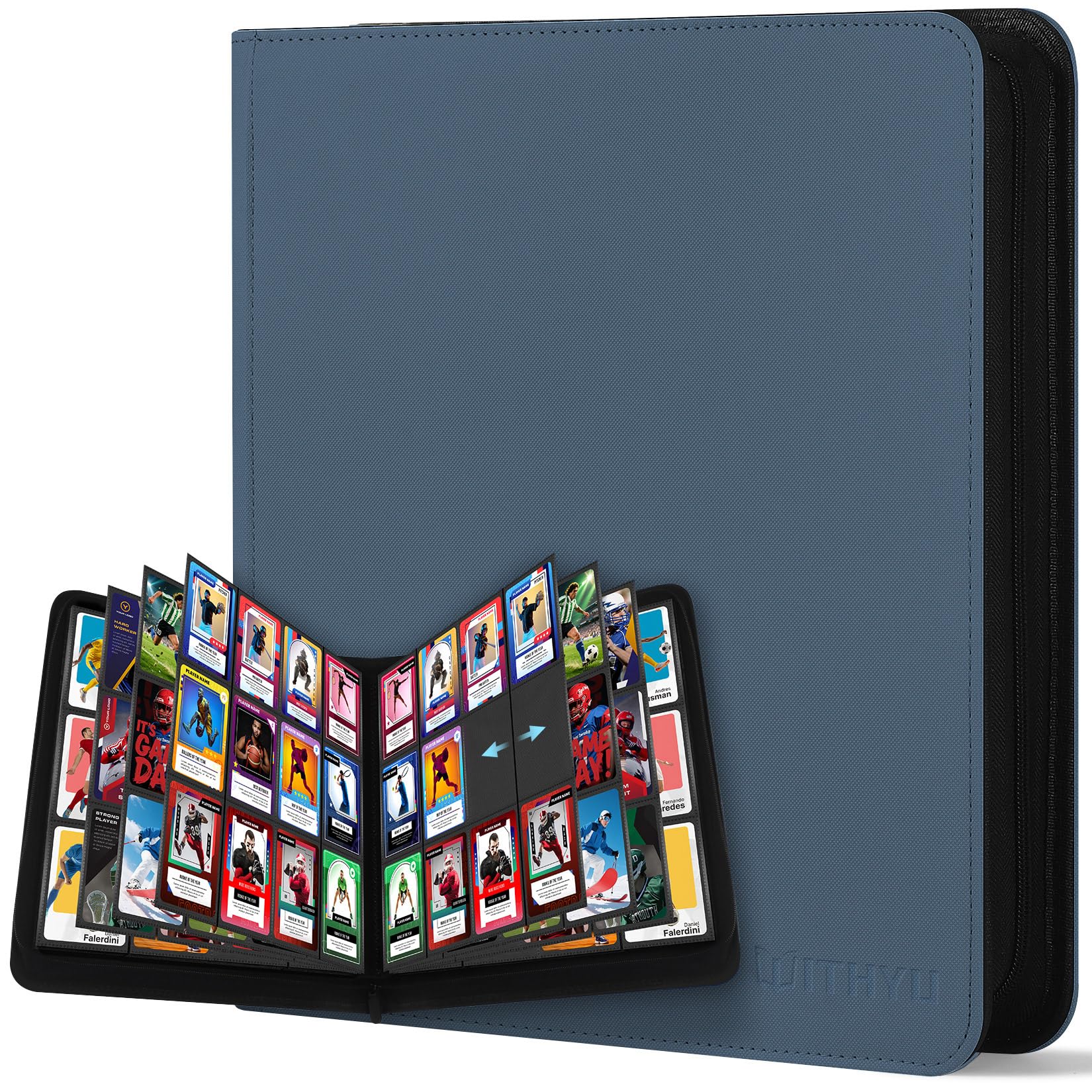 WITHYU Album da Collezione per Carte 12 Tasche, Capacità 720 Carte, Impermeabile, con Chiusura Lampo, per TCG, Calcio e Carte da Collezione, Portatile (Blu Indaco)