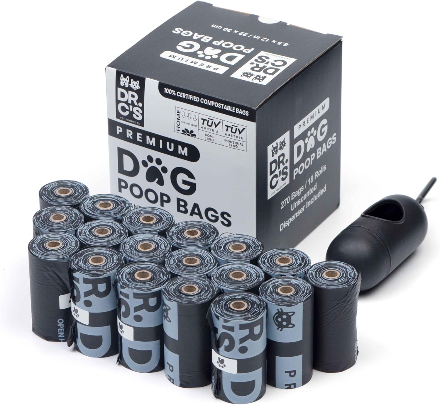 100% Certified Compostable Dog Poop Bags – Dr. C’s Premium Dog Poop Bags – 270 Bags / 18 Rolls, Extra thick, Leak Proof, Unscented, Plant Based and Earth Friendly, Dispenser Included, USA Owned