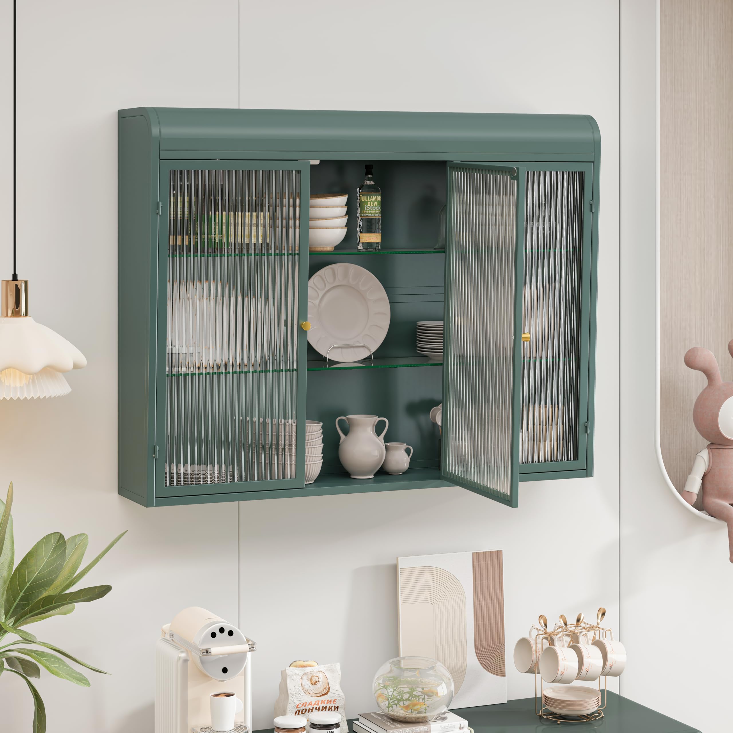 Armadio da cucina con 3 ante in vetro, vetrina sospesa a forma di arco, pensile per cucina, soggiorno e bagno (verde scuro)