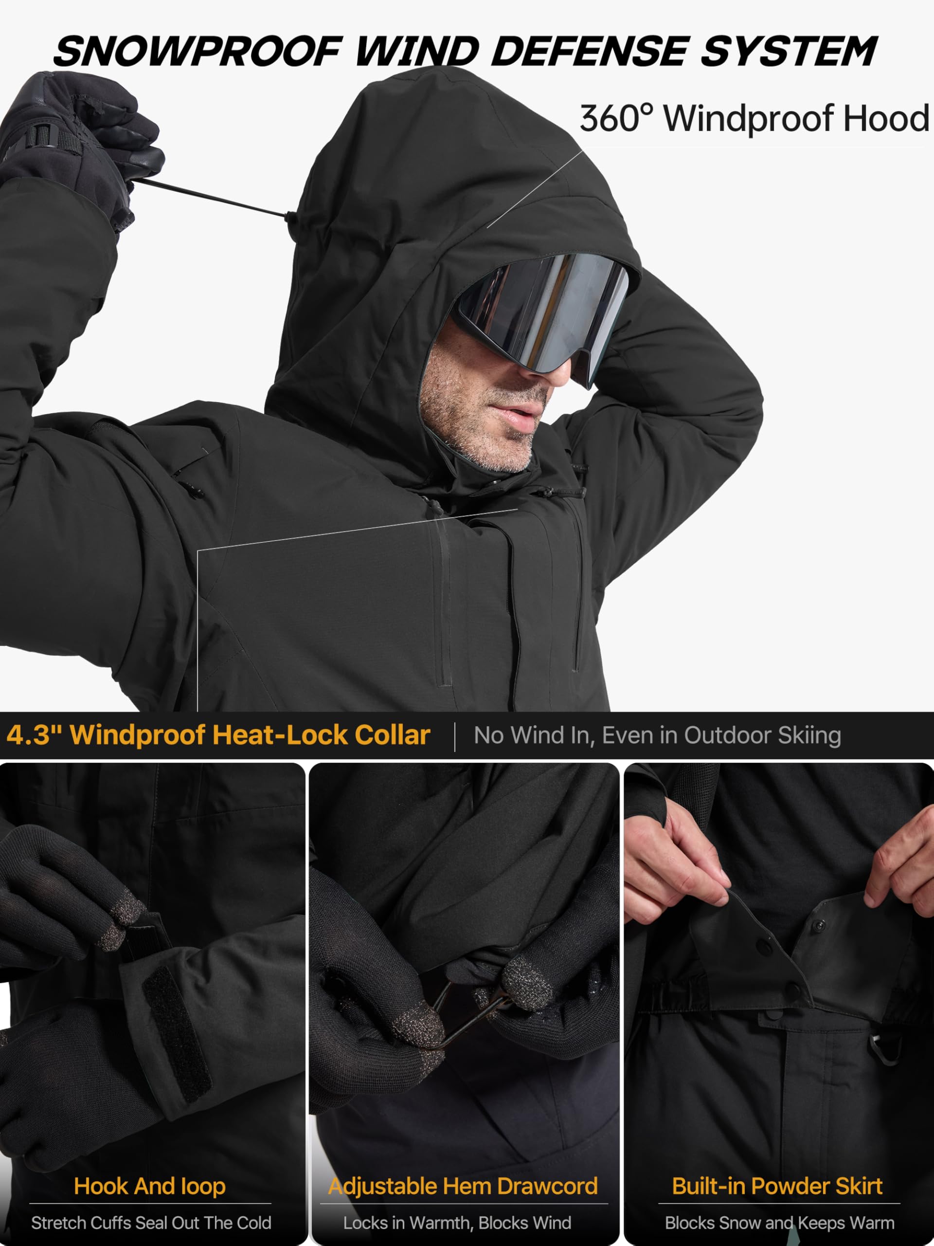 FREE SOLDIER Wasserdichte Skijacke für Herren, warm, mit Fleece gefüttert, Snowboard-Regenmantel, Kapuze, vollständig versiegelte Nähte