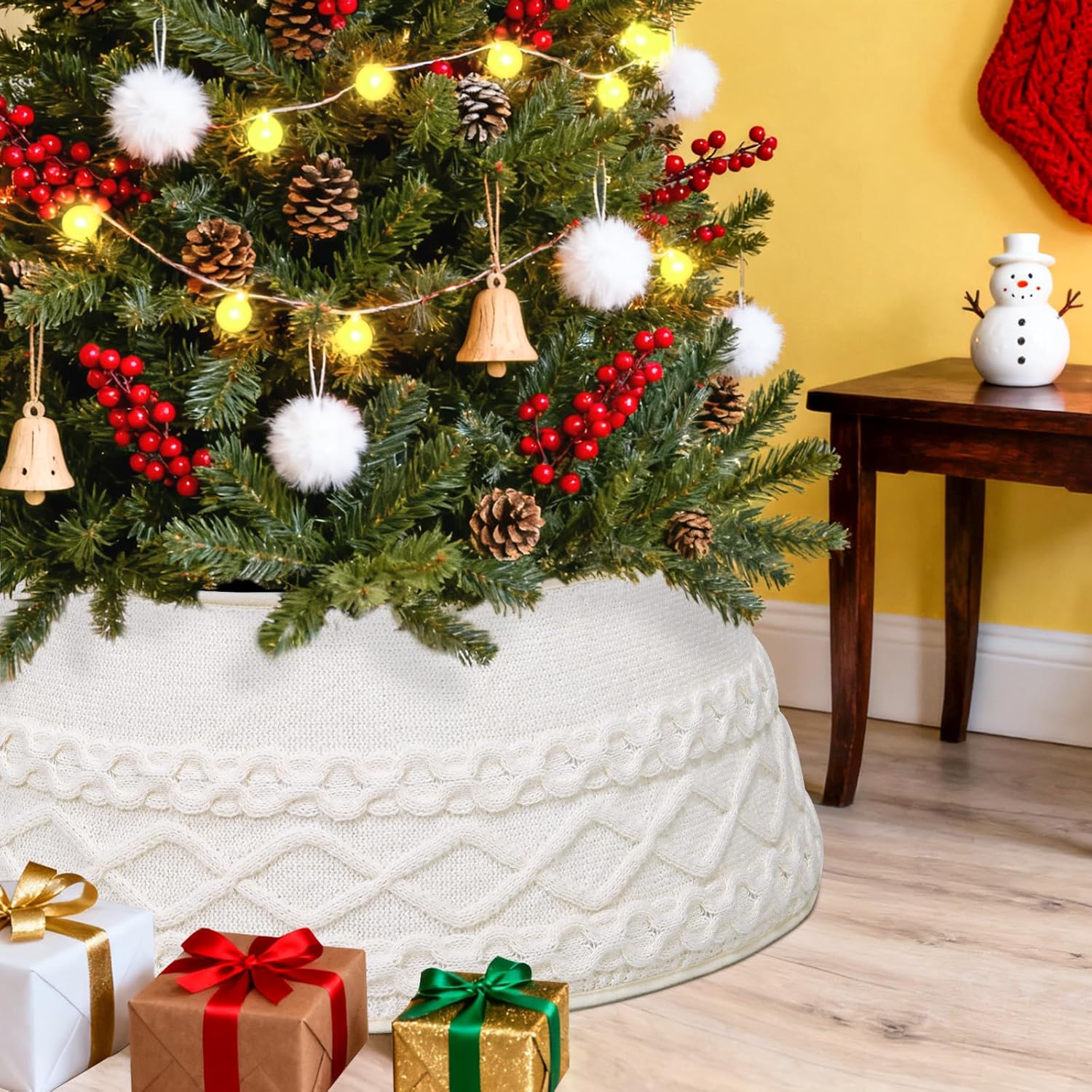 Knitted Christmas Tree Collar, Cable Knit Christmas Tree Skirt Xmas Tree Stand Base Cover Rustic Handmade Tree Ring Tree Skirt for Artificial Trees Christmas Farmhouse Home Decor (White)