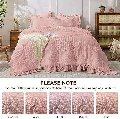 Miniatura 85 de JOLLYVOGUE - Juego de edredón tamaño queen, de 3 piezas, estilo seersucker, ligero y esponjoso para todas las estaciones, con 1 edredón con volantes