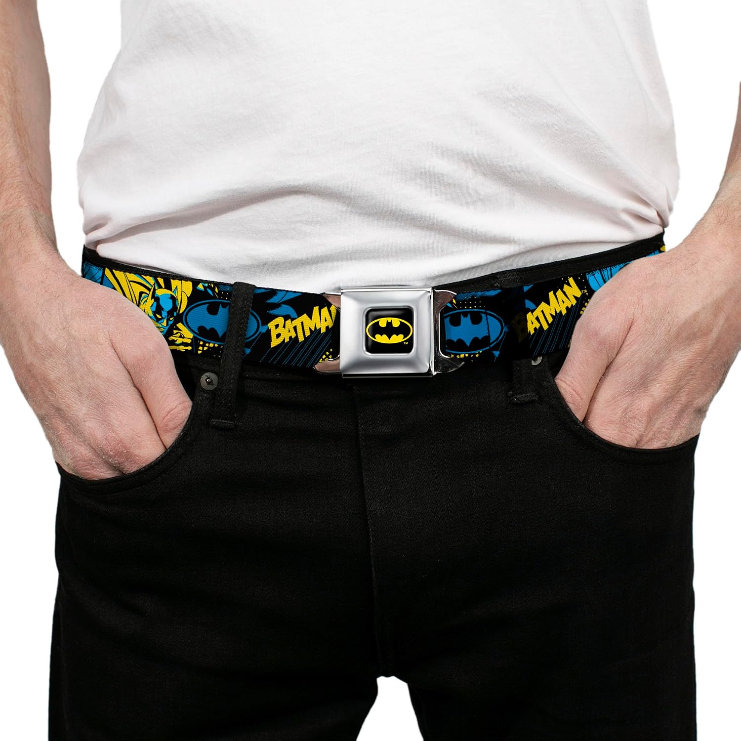DC Comics Belt, Seatbelt Buckle Belt, Batman Poses and Logo Collage Black Blue Yellow, Adjustable