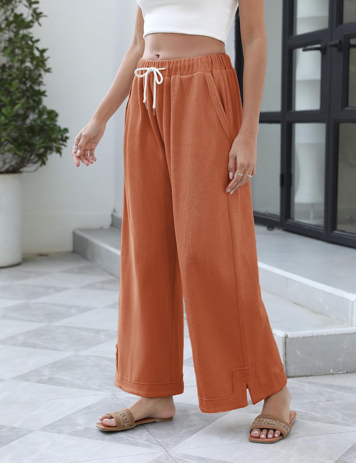 Athlisan Womens Baggy Wide Leg Palazzo Pants Casual Loose Drawstring Elastic Waisted Lounge Trousers with Pockets - Image 3