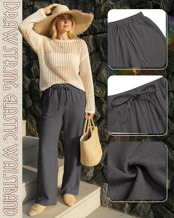 JoyMotion 2 Pack Women's Linen Pants Straight Leg Drawstring Flowy Pants Summer Loose Casual Beach Trousers with Pockets(Gray, Black,Small) by JoyMotion - Used condition - Image 5