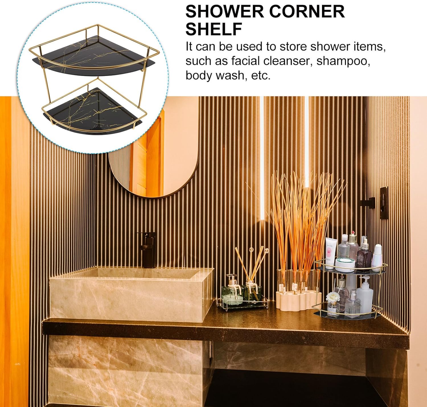 Corner Bathroom Organizer Rack Iron and Glass Shelf Bathroom Counter Storage Tray for Cosmetics and Toiletries Space-Saving Vanity Shelf with Strong Bearing Capacity